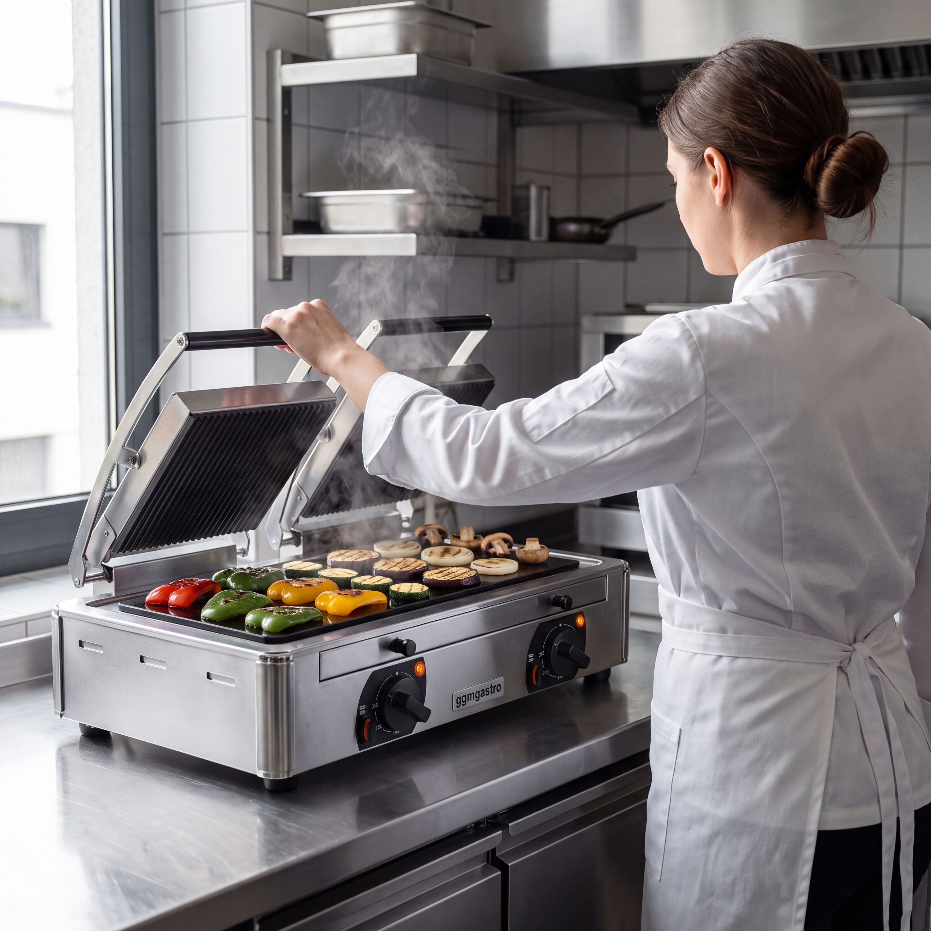 Glass Ceramic Contact Grill – 3.4 kW – Smooth Bottom & Ribbed Top – Grilling Surface: 2 x220x220mm