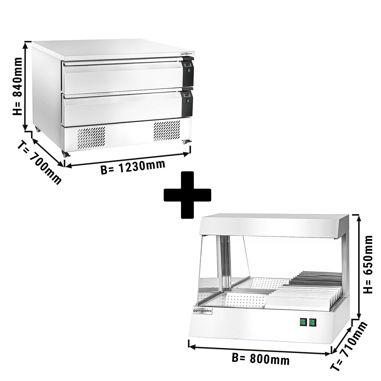 Combinaison soubassement congélateur/réfrigéré - 1230 mm - 2 tiroirs - avec chauffe-frites inclus