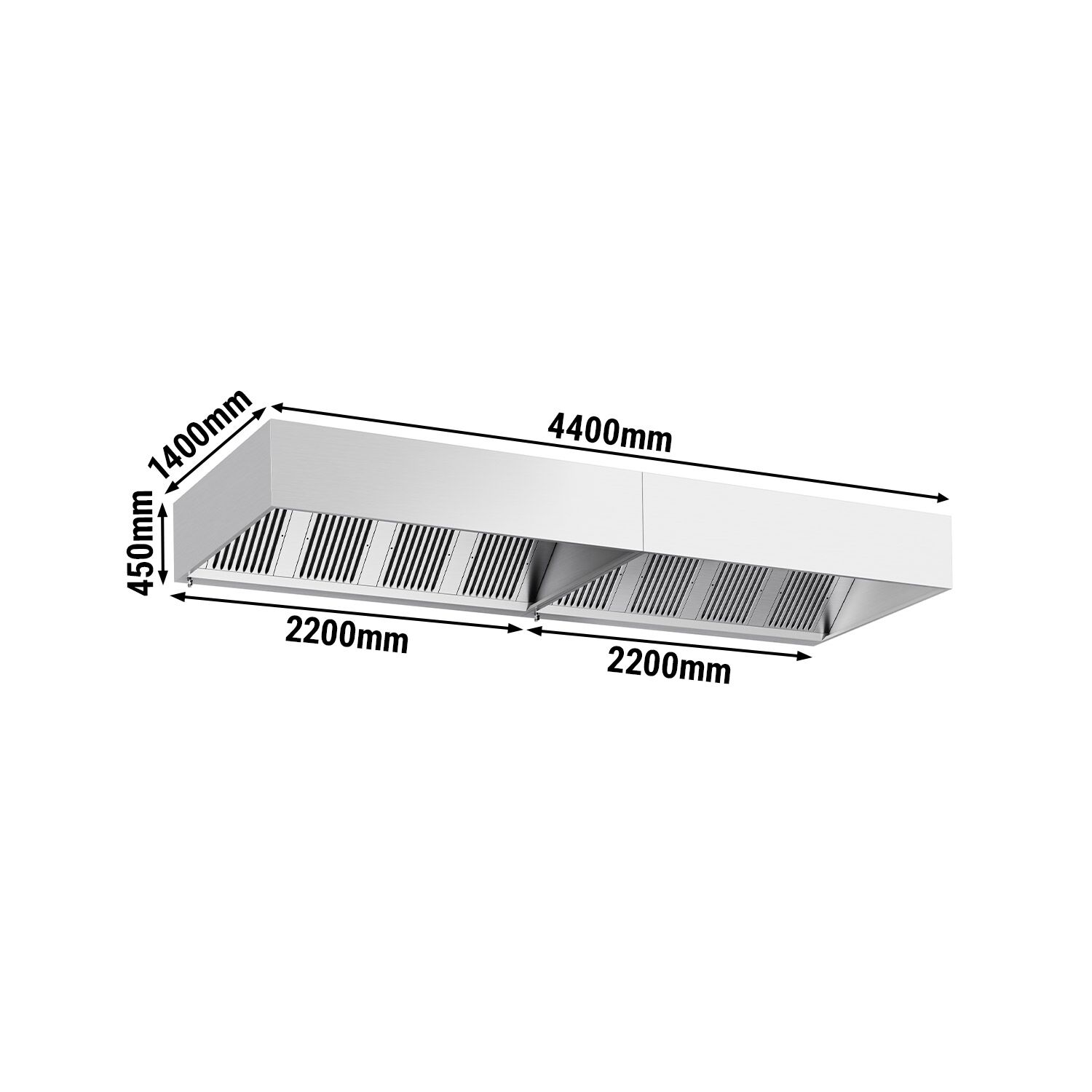 Hotte à adosser professionnelle - 4400mm - sans moteur - avec filtres et éclairage