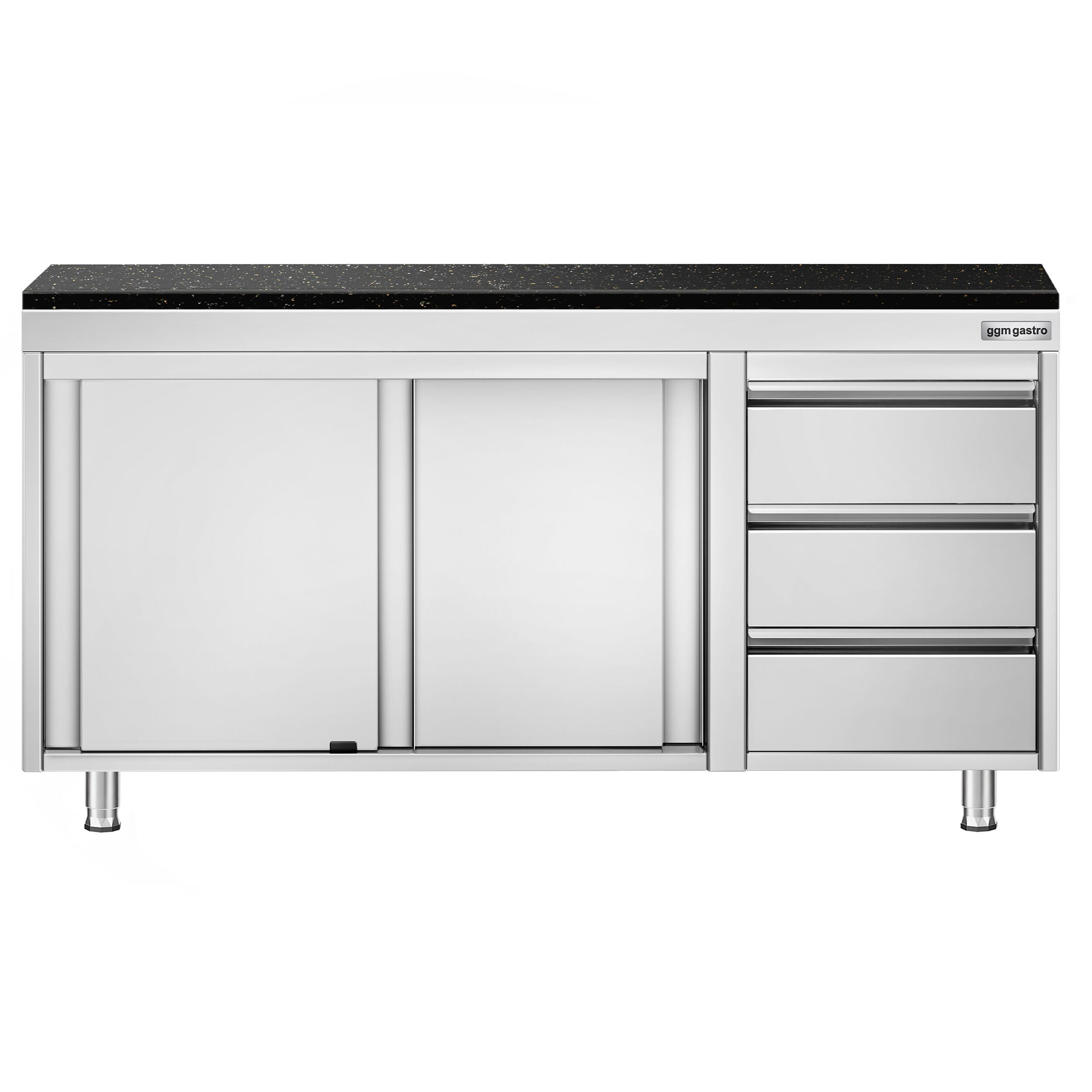 Edelstahl Arbeitsschrank PREMIUM - 1600x600mm - mit 3 Schubladen rechts - inkl. Granitarbeitsplatte