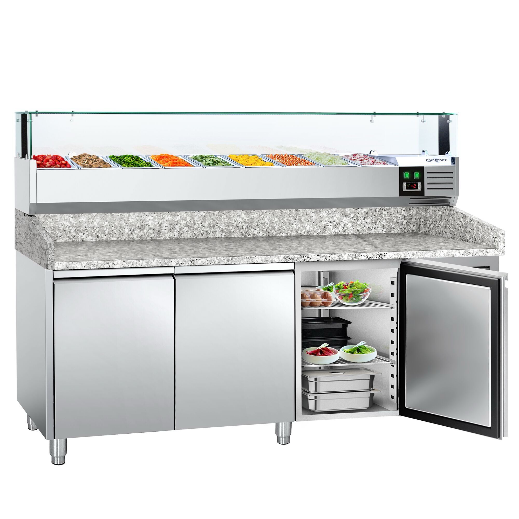 Table réfrigérée pour pizza PREMIUM - 2000 x 800 mm - avec 3 portes - incl. vitrine réfrigérée avec LED - 9 x GN 1/3