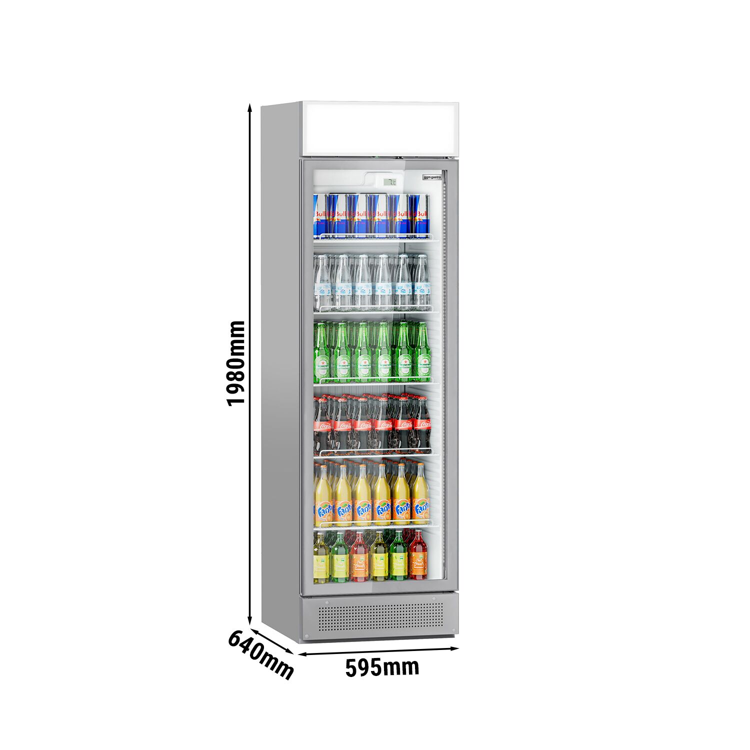 Vitrine réfrigérée à boissons - 595mm - 358 L - porte vitrée sans cadre - 1 porte vitrée - avec caisson lumineux - éclairage LED - affichage digital de la température - Gris - +1 à +10 °C