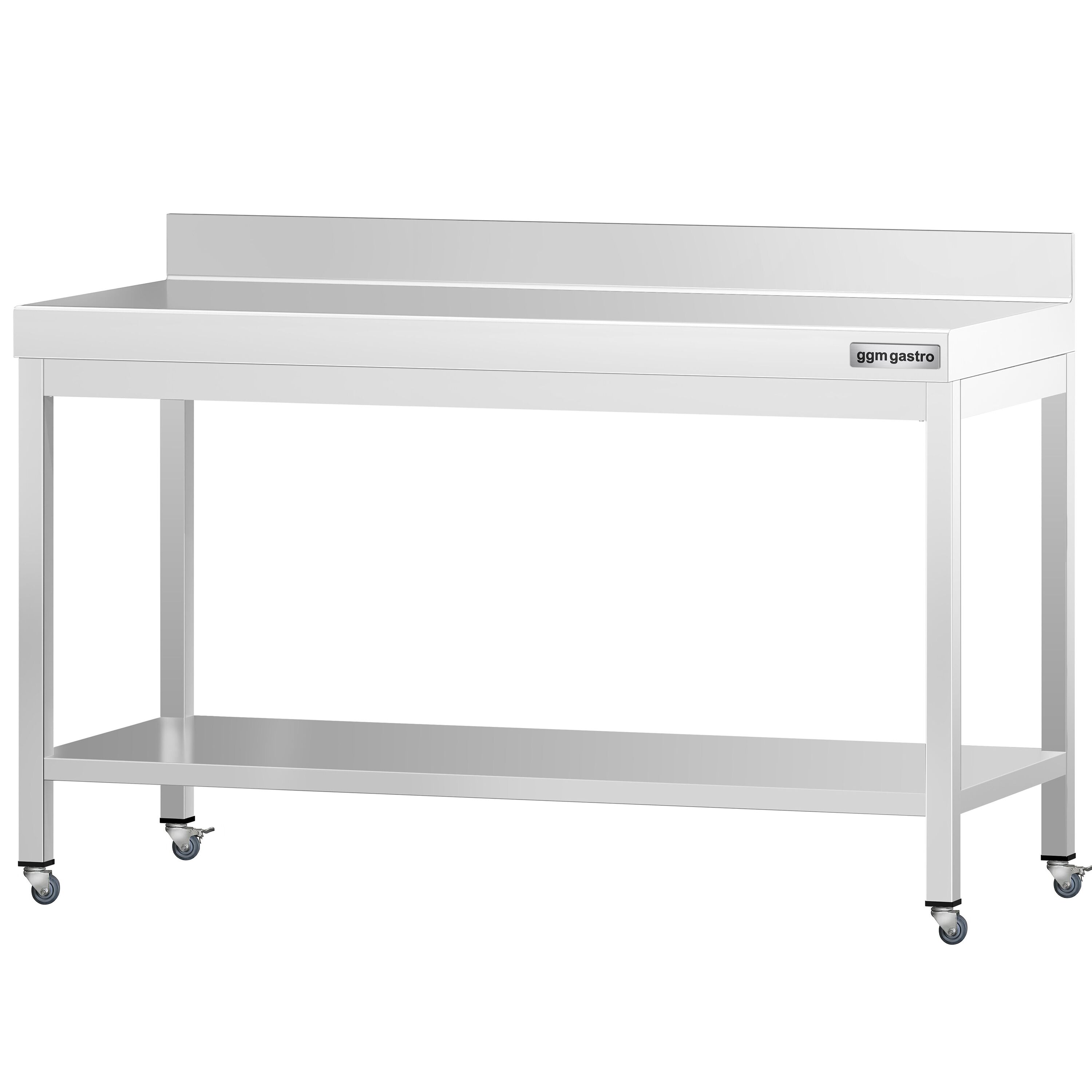 Table de travail en inox PREMIUM - 1500 x 800 mm - avec tablette inférieure, dosseret et roulettes