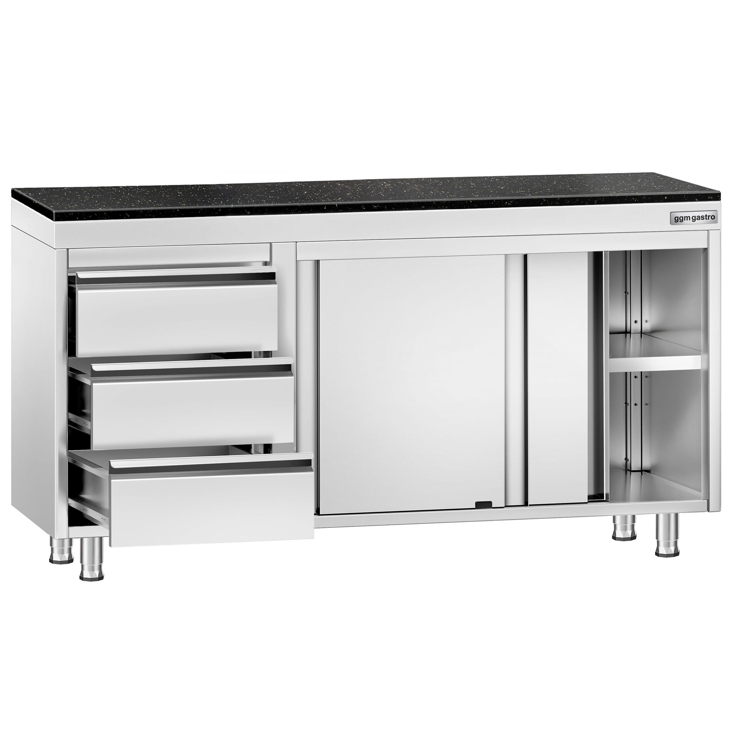 Roestvrijstalen werkkast PREMIUM - 1400 x 700 mm - met 3 lades links - incl. granieten werkblad