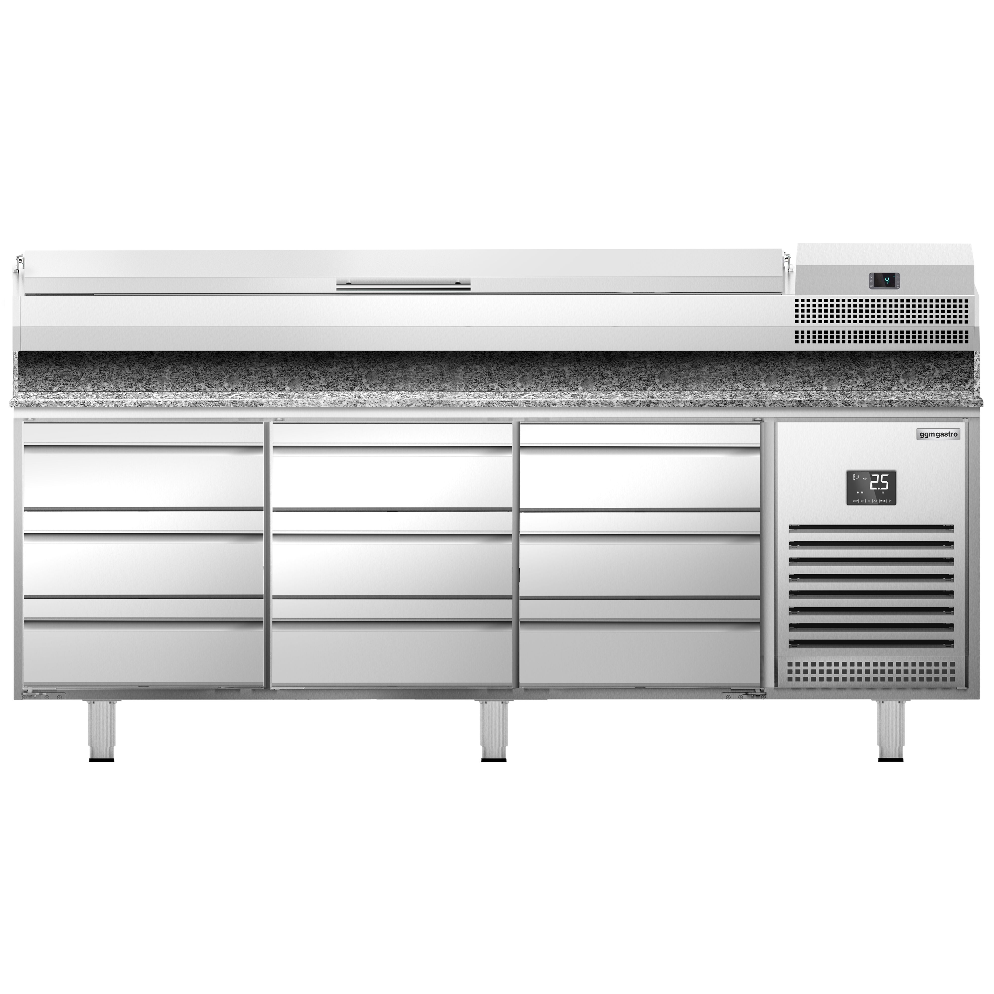 Table réfrigérée à pizza Premium PLUS - 1980x700 mm - avec 9 tiroirs - incl. vitrine réfrigérée - 9x GN 1/4