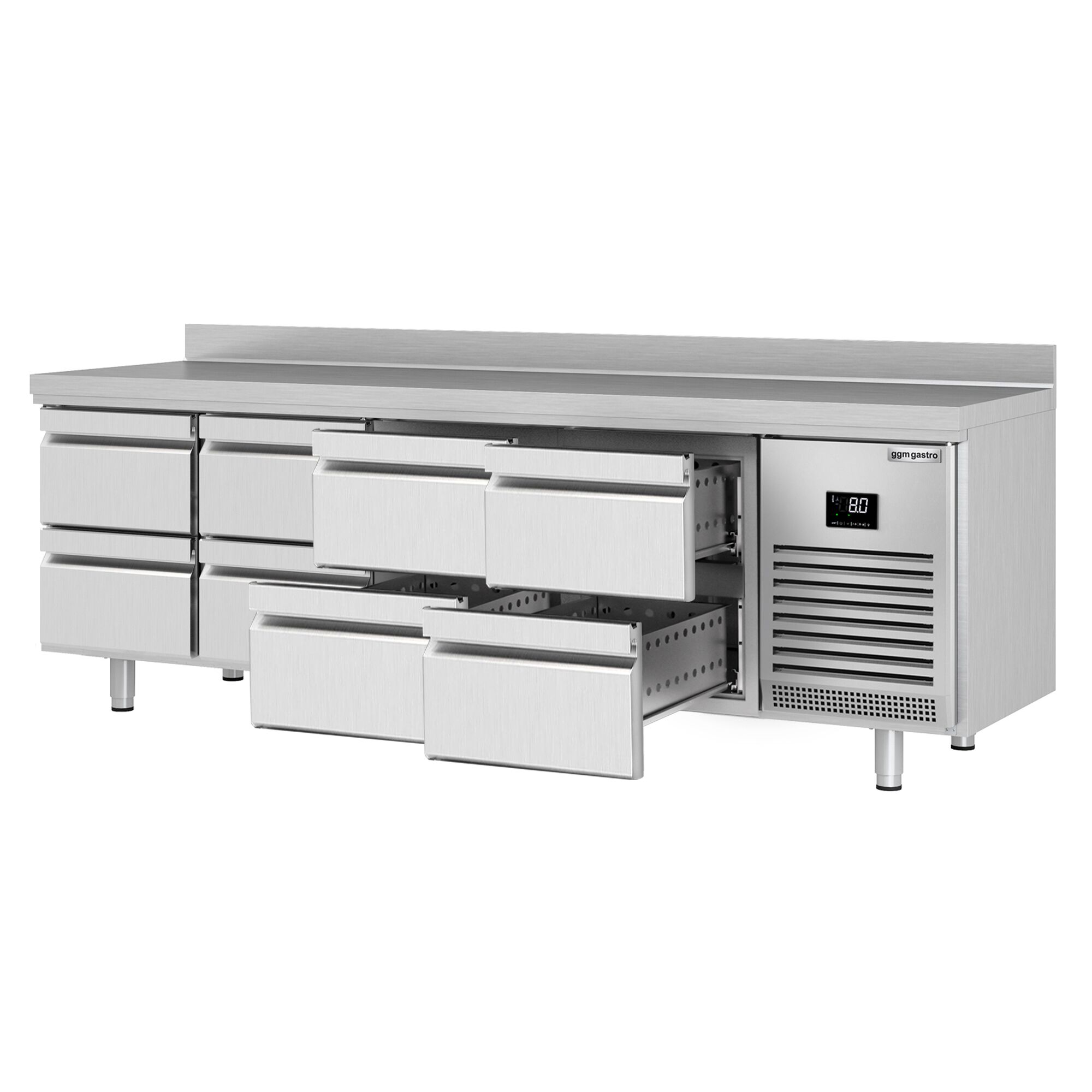 Table réfrigérée Premium PLUS - 2452 x 600 mm - 8 tiroirs - avec dosseret