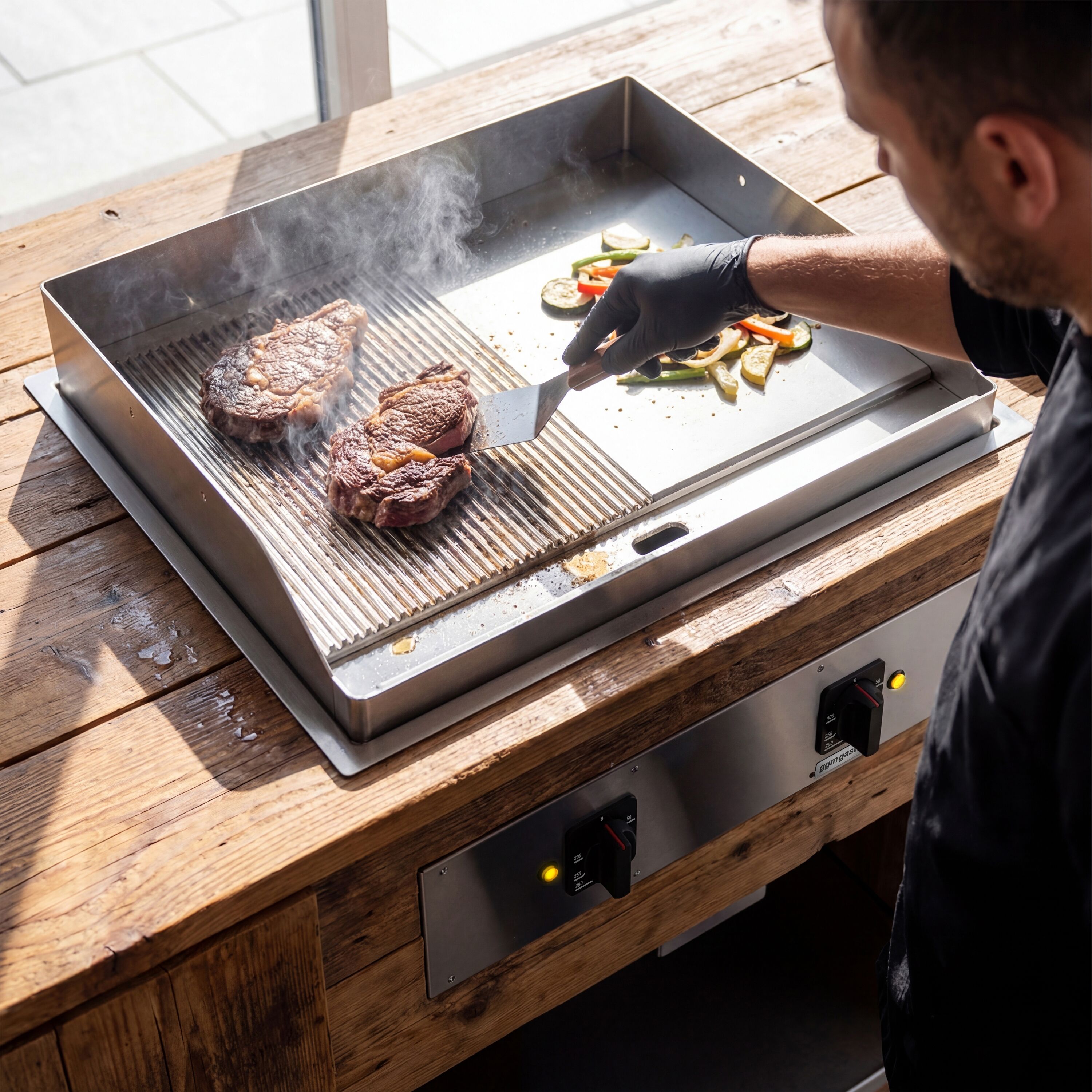 Plancha électrique - plaque acier - 9,0 kW - 1/2 lisse, 1/2 rainurée - Surface de cuisson : 800x765mm