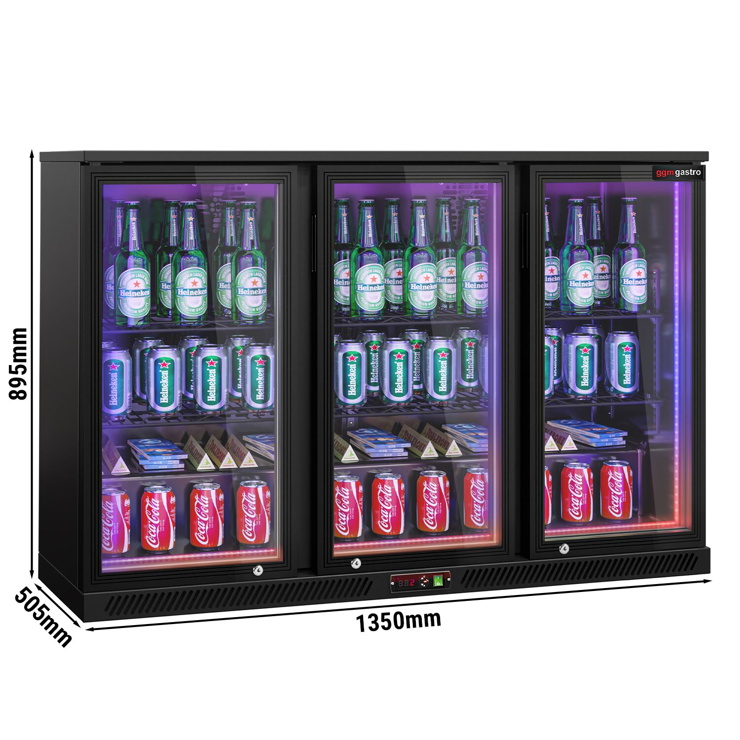 Réfrigérateur de bar – 1350 mm – 320 litres – avec 3 portes vitrées battantes – Extérieur & intérieur Noir