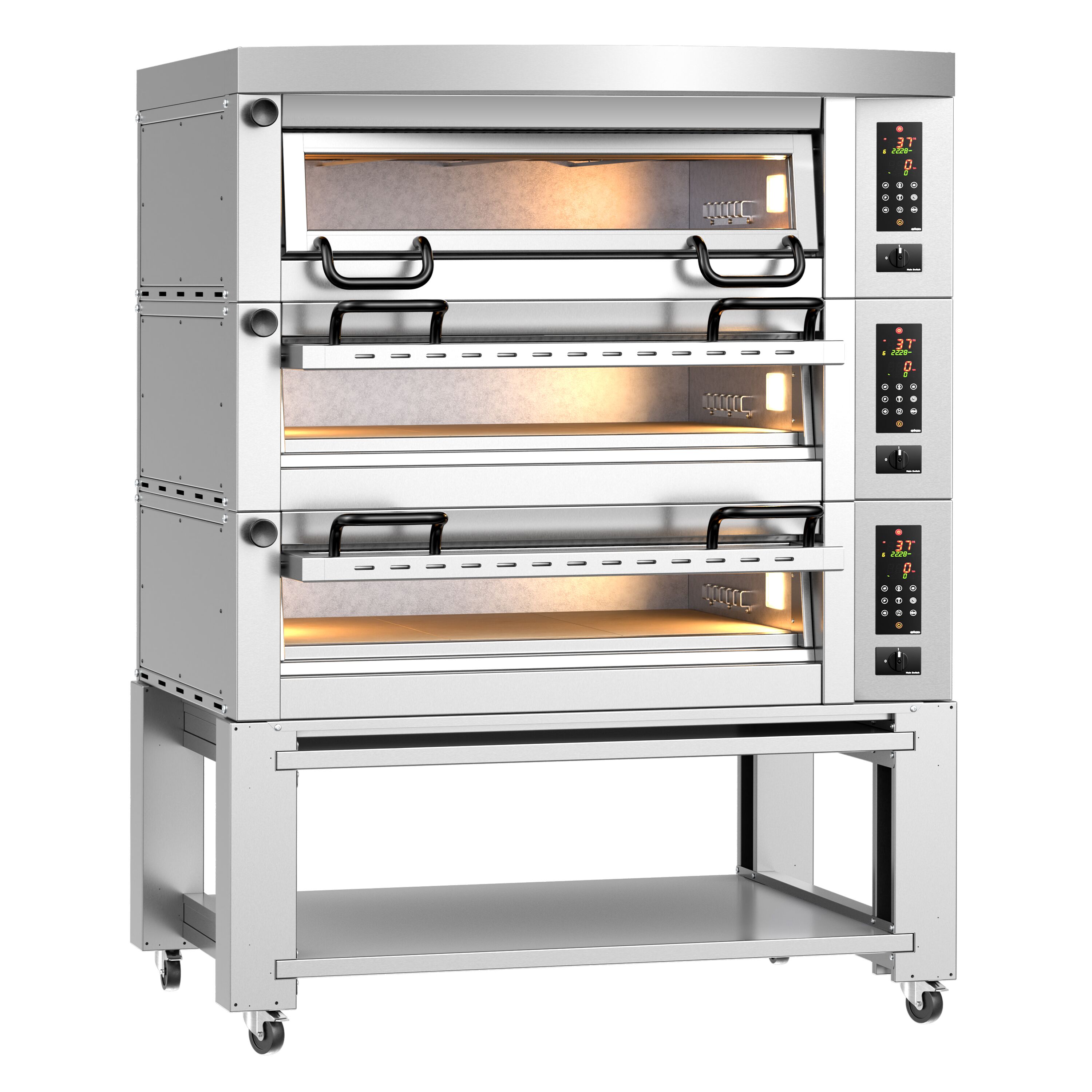(3 szt.) Elektryczny Piec do pizzy - 3 x 6 x Ø34cm - Panel dotykowy - z okapem i ramą nośną
