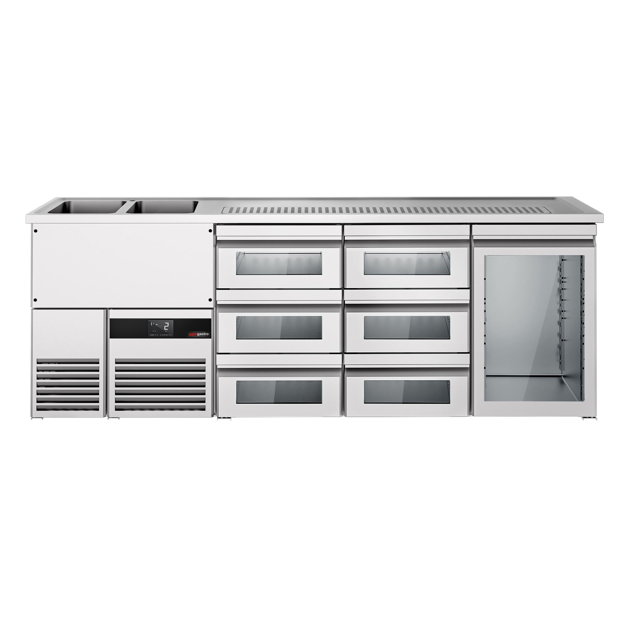 Comptoir de bar réfrigéré PREMIUM - 2500x700mm - 1 porte vitrée & 6 tiroirs en verre