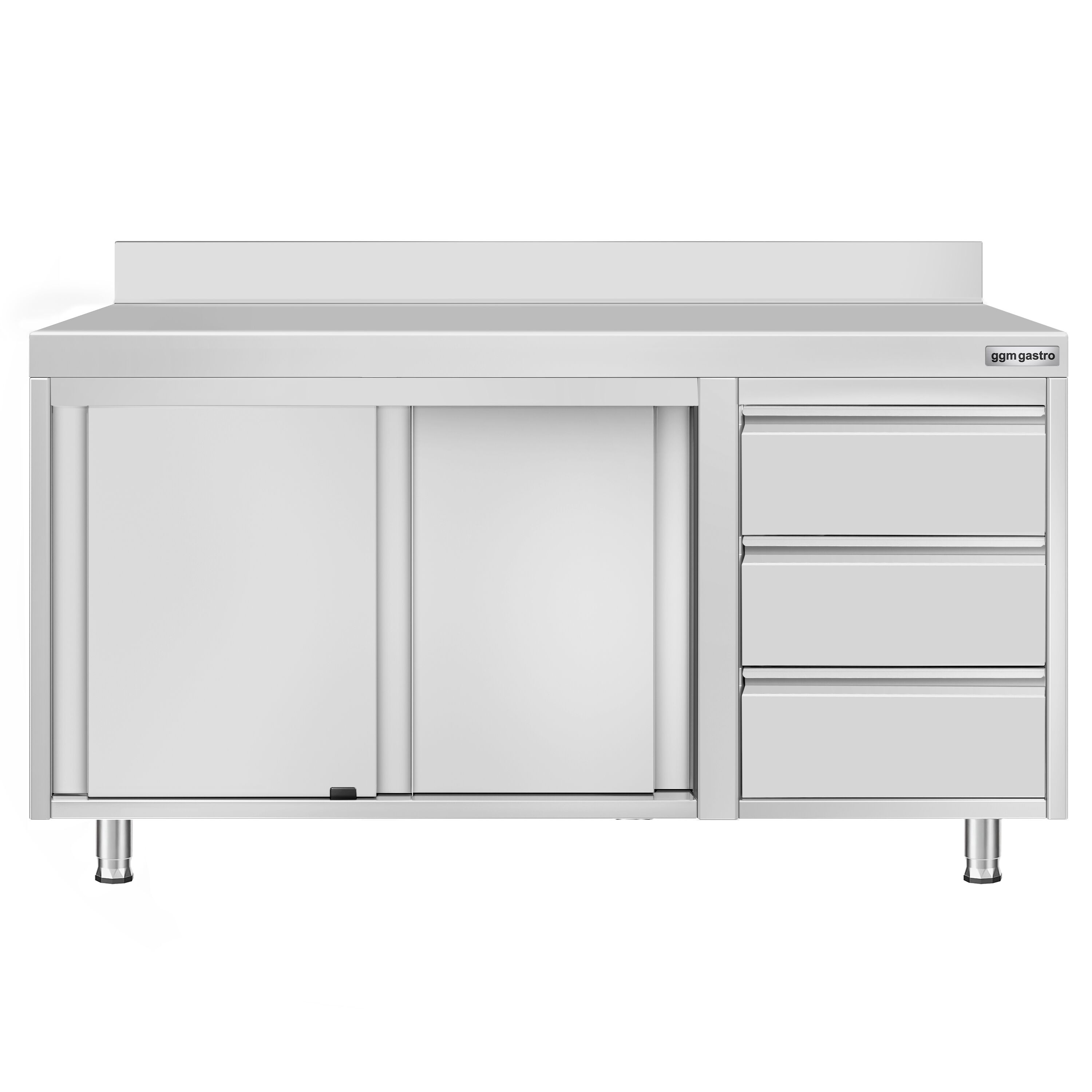 Table armoire en acier inoxydable ECO - 1400x600mm - avec 3 tiroirs à droite et portes coulissantes - avec dosseret