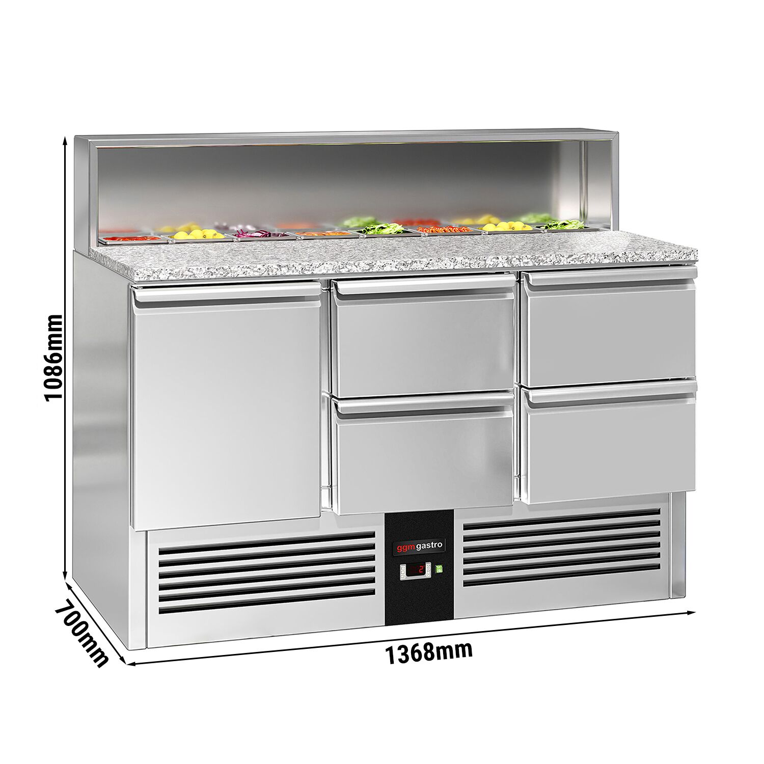 Saladette réfrigérée PREMIUM - 1368mm - 402L - 1 porte & 4 tiroirs - plan de travail en granit noir