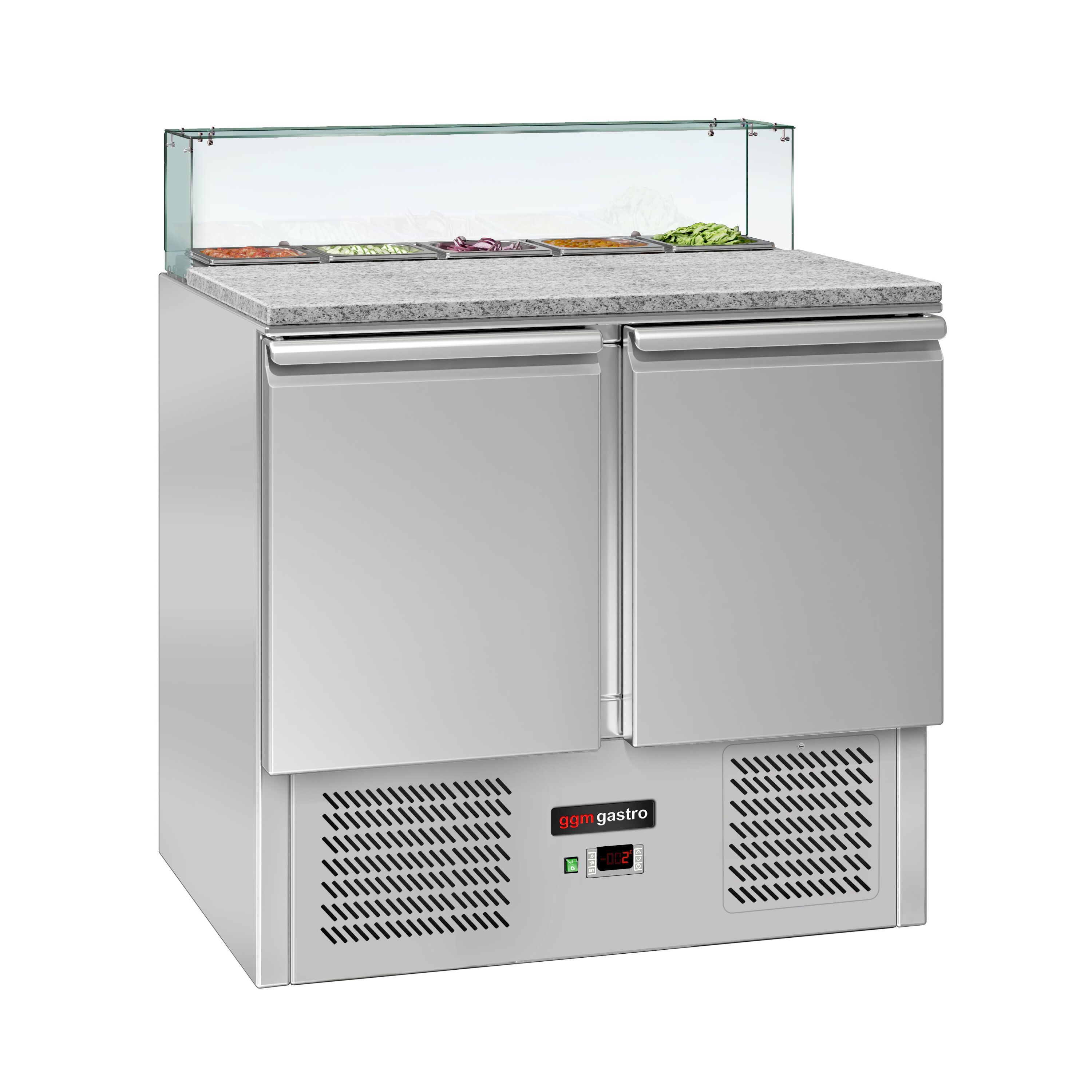 Saladette réfrigérée ECO - 900mm - 240L - 2 portes - avec vitrine de comptoir pour 5x GN 1/6