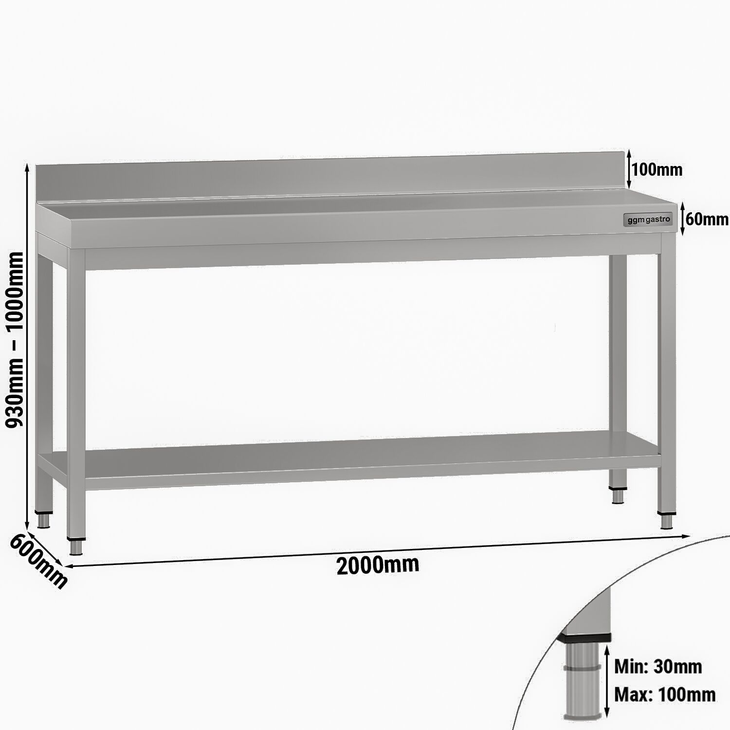 Table de travail en inox ECO – 2000 × 600 mm – avec tablette inférieure & dosseret