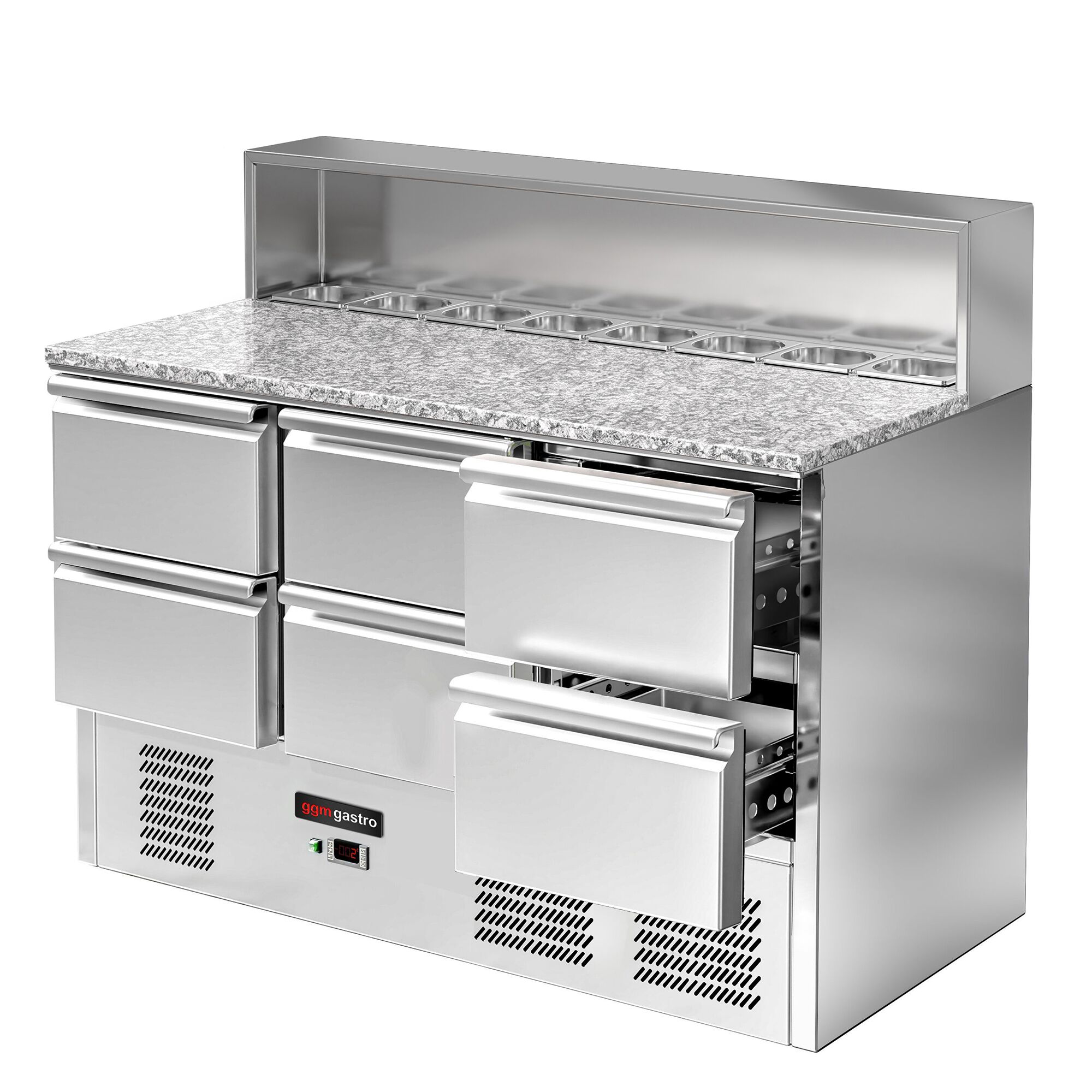 Saladette réfrigérée ECO - 1368mm - 402L - 6 tiroirs - pour 8x GN 1/6 & Couvercle inox - plan de travail en granit noir