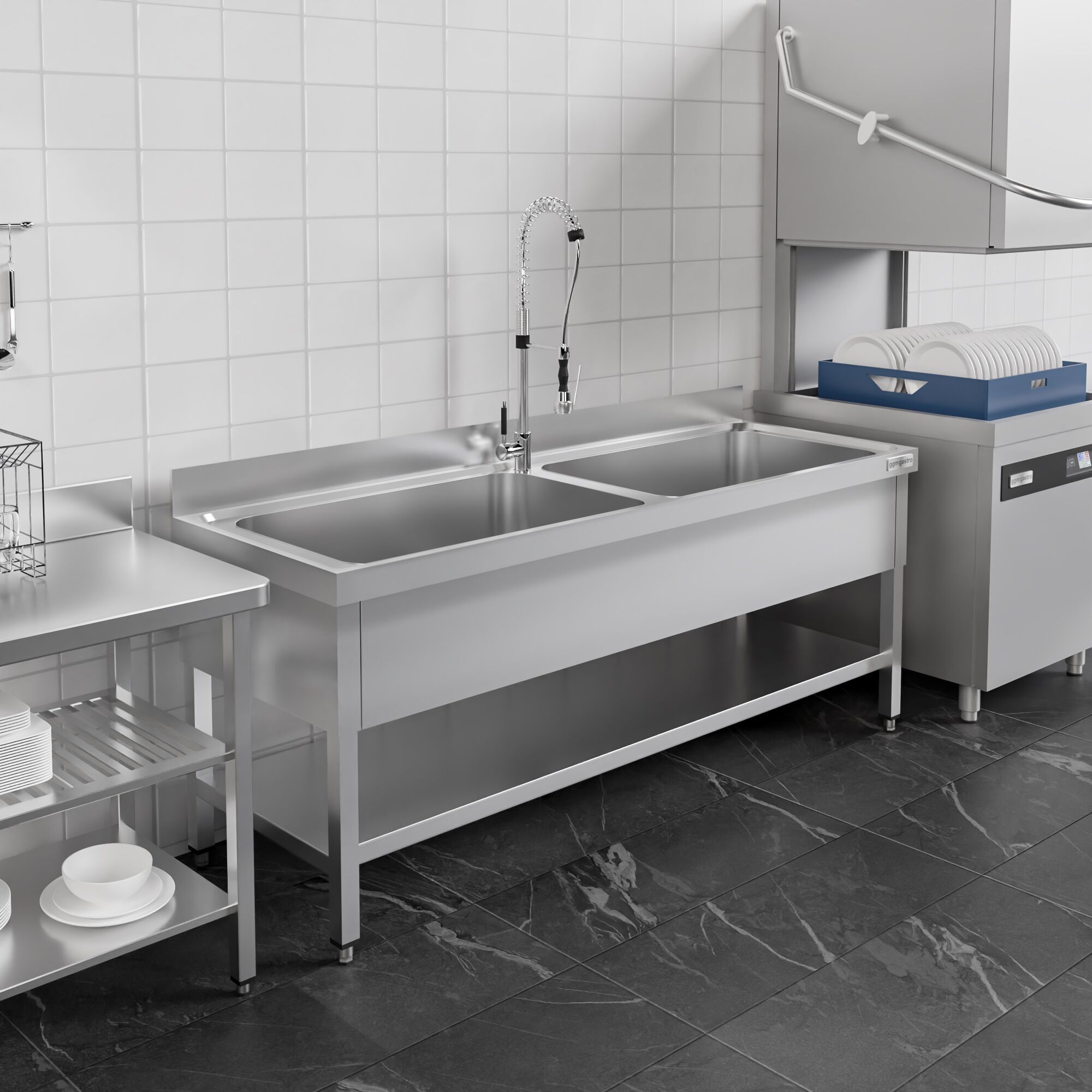 Topfspültisch Premium - 2000x700mm - mit Grundboden & 2 Becken