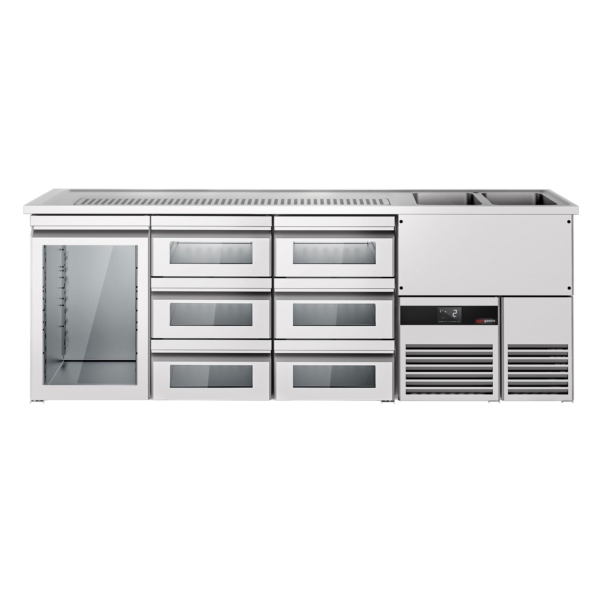 Comptoir de bar réfrigéré PREMIUM - 2500x700mm - 1 porte vitrée & 6 tiroirs en verre