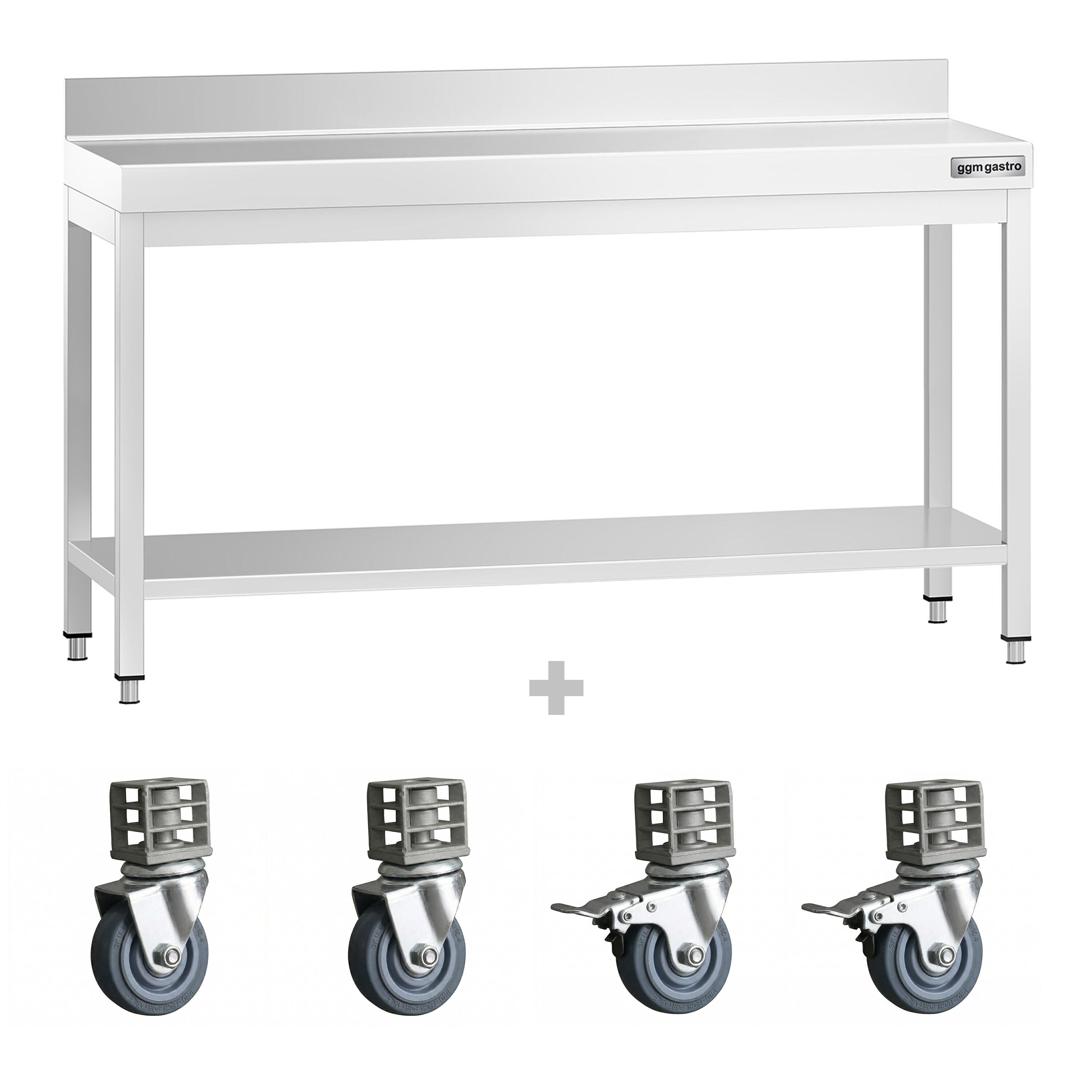 Table de travail en inox PREMIUM - 1600 x 600 mm - avec tablette inférieure, dosseret et roulettes