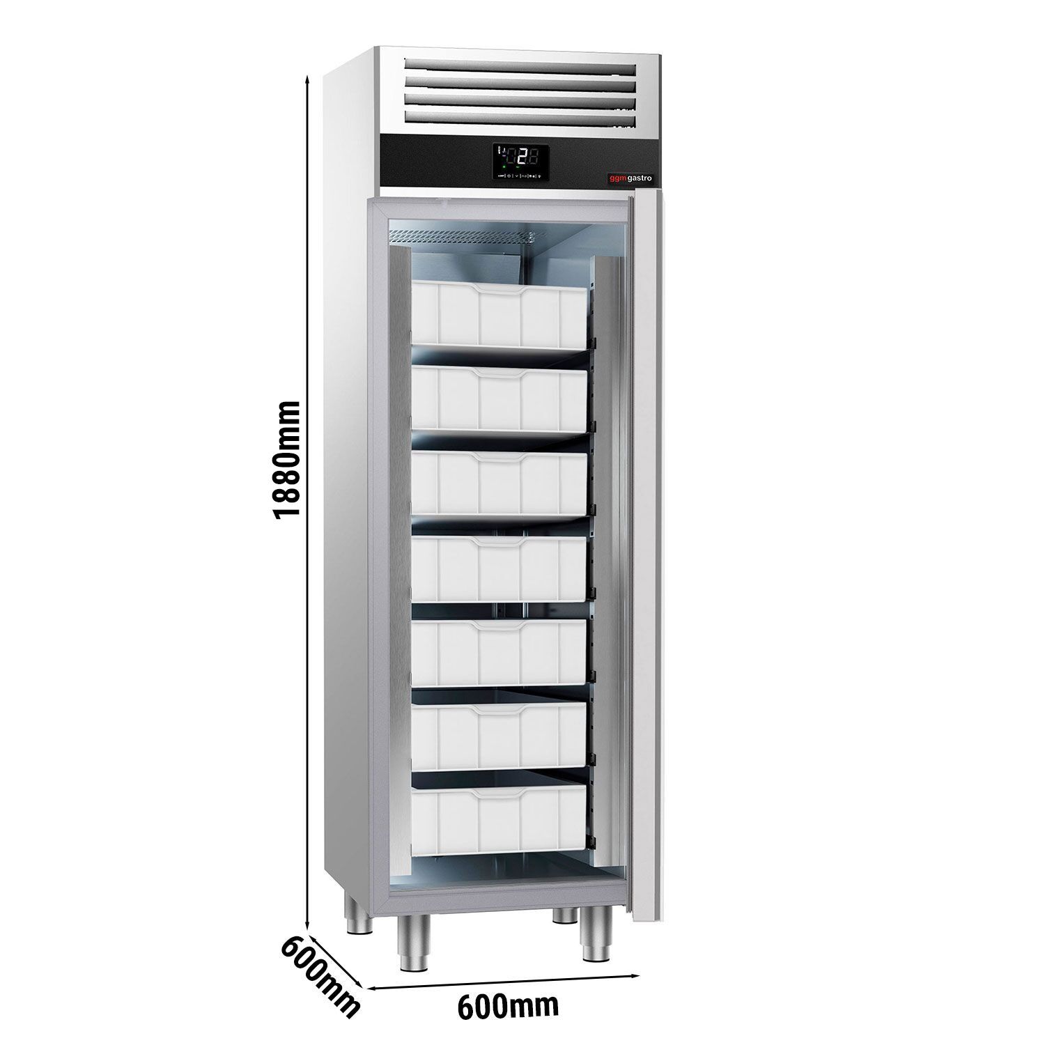 Armoire à poissons réfrigérée en acier inoxydable PREMIUM - 400 L - avec 1 porte - 5 bacs pour poissons inclus