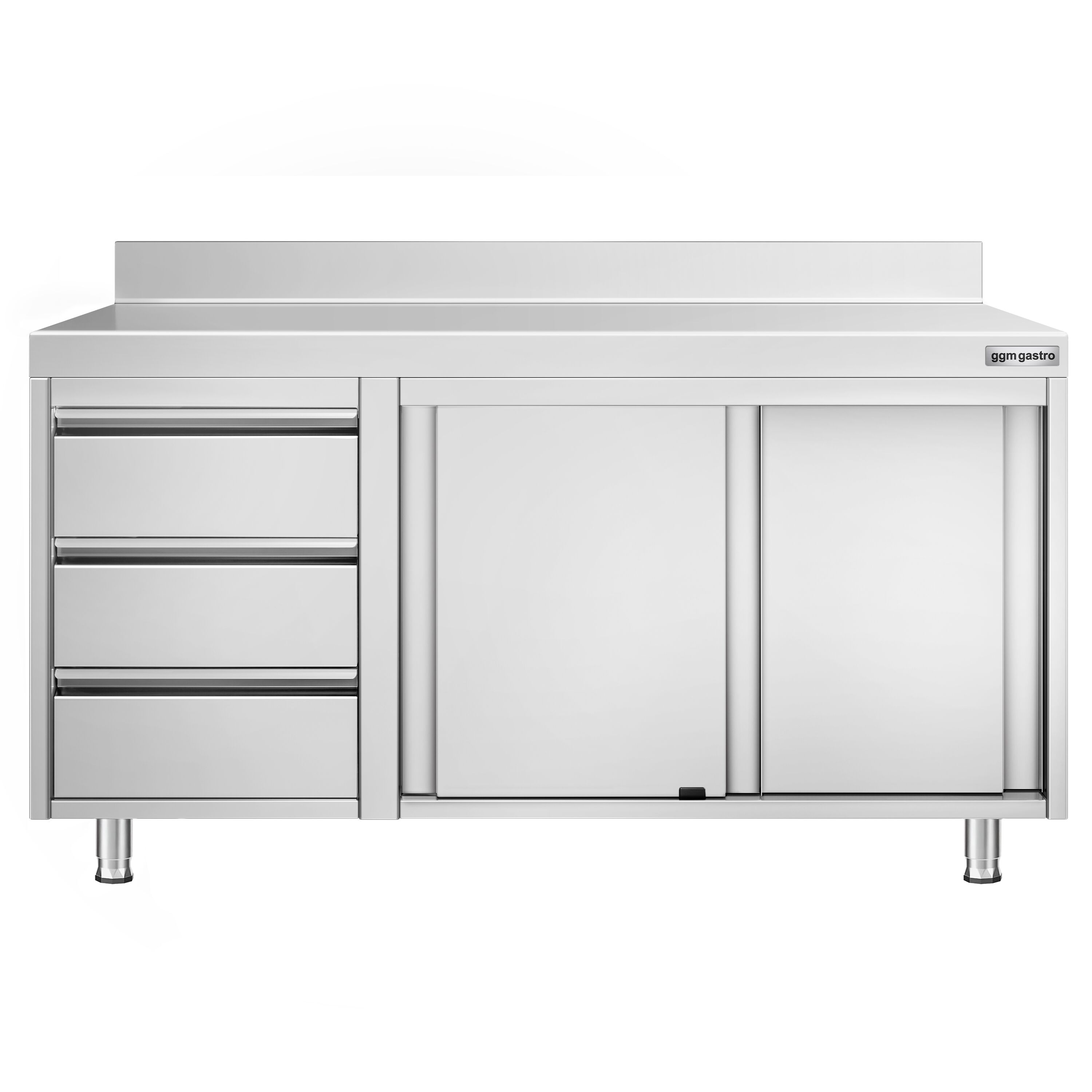 Table armoire en acier inoxydable PREMIUM - 1400x600mm - avec 3 tiroirs à gauche et portes coulissantes - avec dosseret