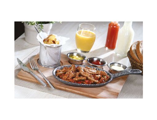 Set de service fajitas - Set de 6 pièces - incl. poêle en fonte avec manche + planche MDF + 3 petits bols + panier à friture - Fonte + MDF + Acier inoxydable AISI 304 - 350x260mm - poêle en fonte avec manche