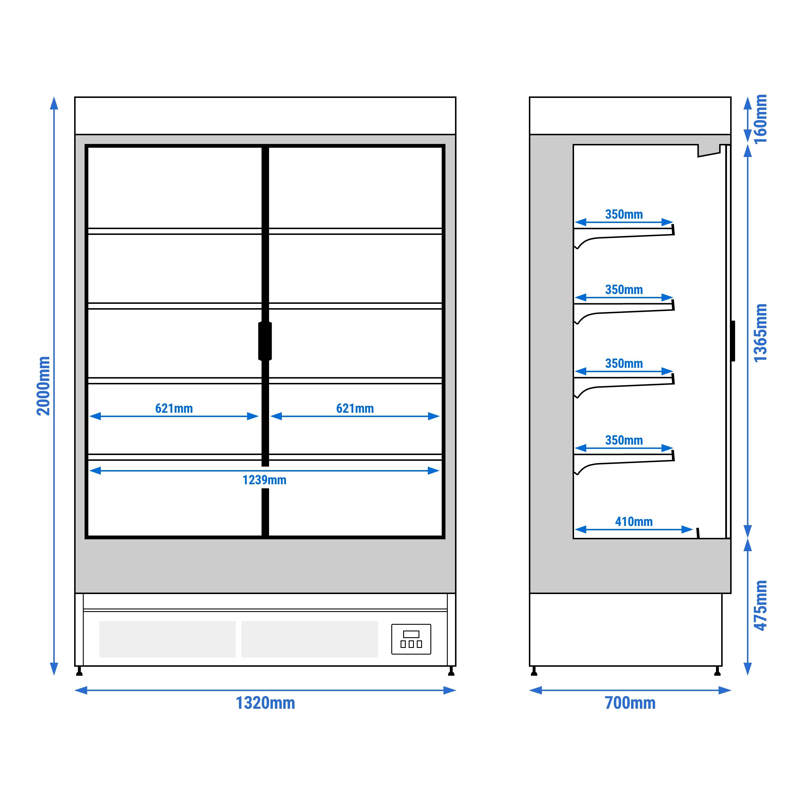Vitrine murale réfrigérée - 1320mm - 595L - avec 2 portes battantes vitrées & 4 étagères - Noir