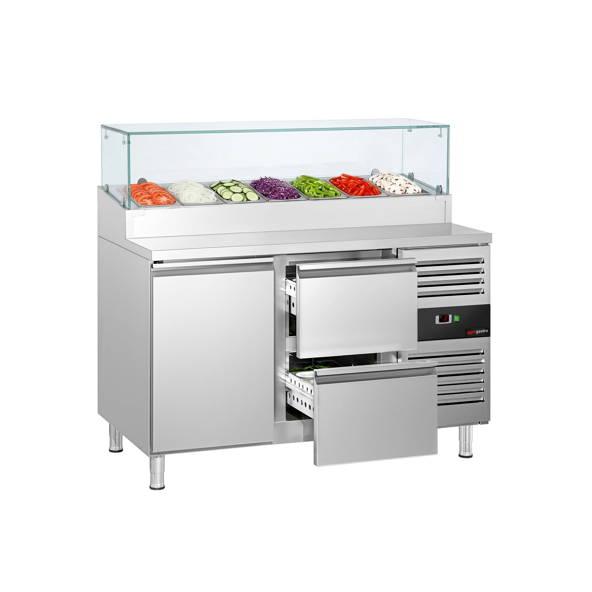 Zubereitungstisch PREMIUM - 1360mm - 1 Tür & 2 Schubladen - mit Glasaufsatz - für 7x GN 1/3