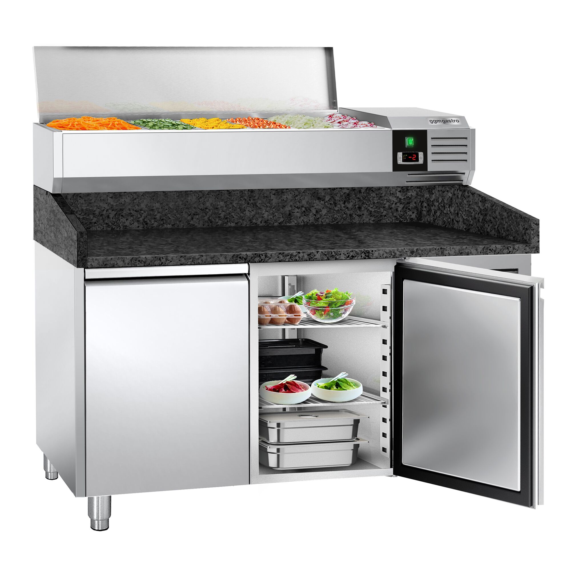 Table réfrigérée à pizza PREMIUM - 1500x800 mm - avec 2 portes - incl. vitrine réfrigérée - 6x GN 1/3