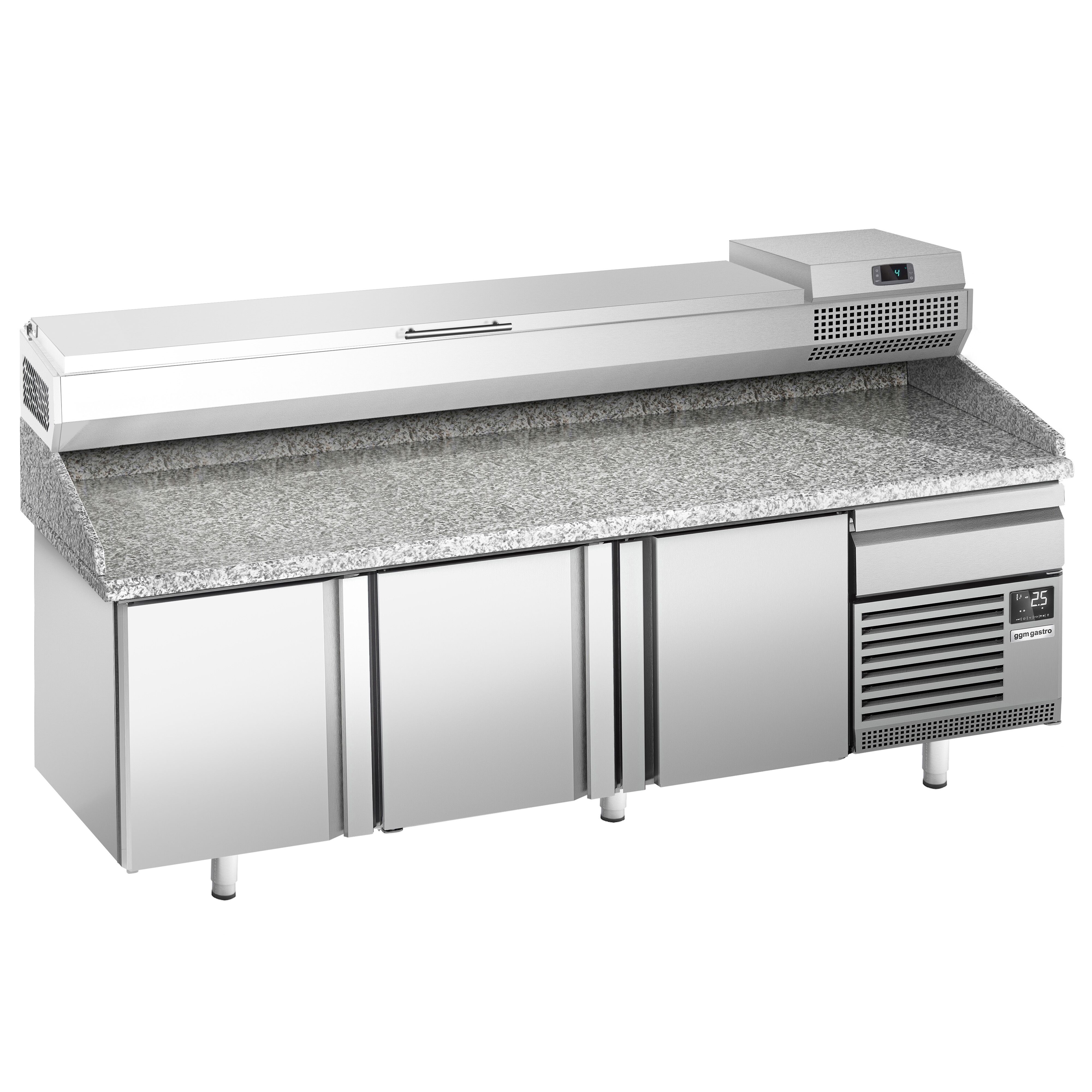 Table réfrigérée à pizza Premium PLUS - 2305x800 mm - avec 3 portes & 1 tiroir - incl. vitrine réfrigérée - 11x GN 1/4
