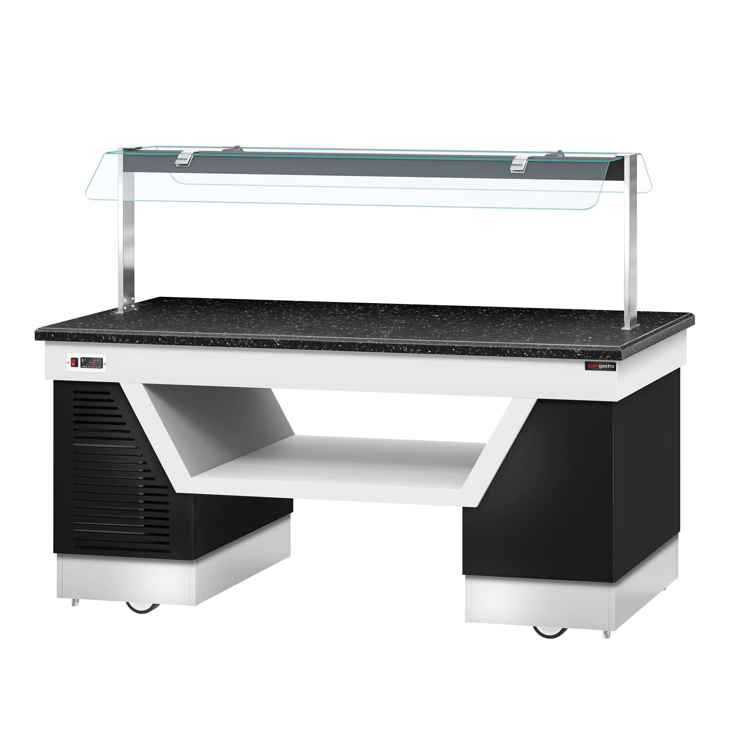 Refrigerated Salad Bar BELFAST - 2000mm - with Refrigerated Frost Top + Flat Glass Sneeze Guard - on Castors - Black