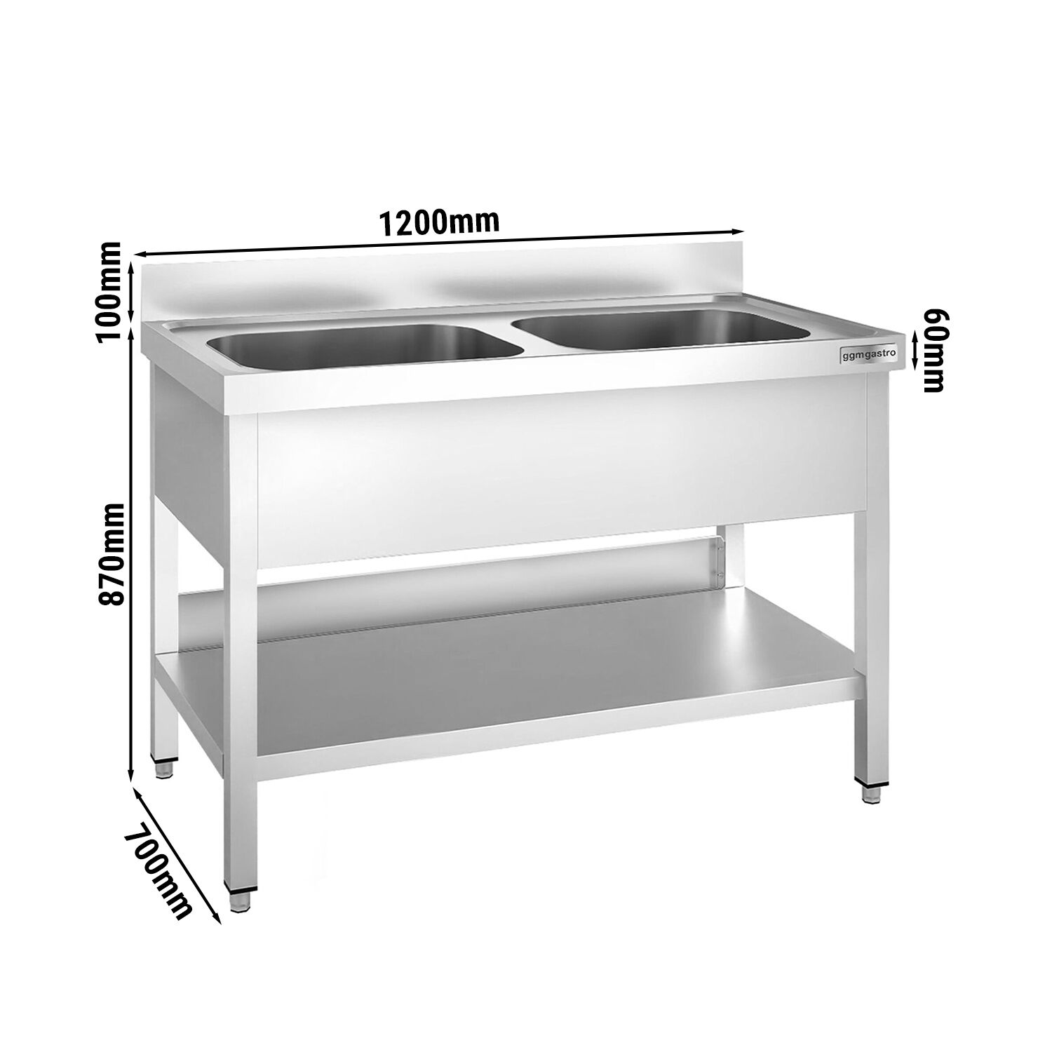 Spültisch PREMIUM - 1200x700mm - mit Grundboden - mit 2 Becken mittig