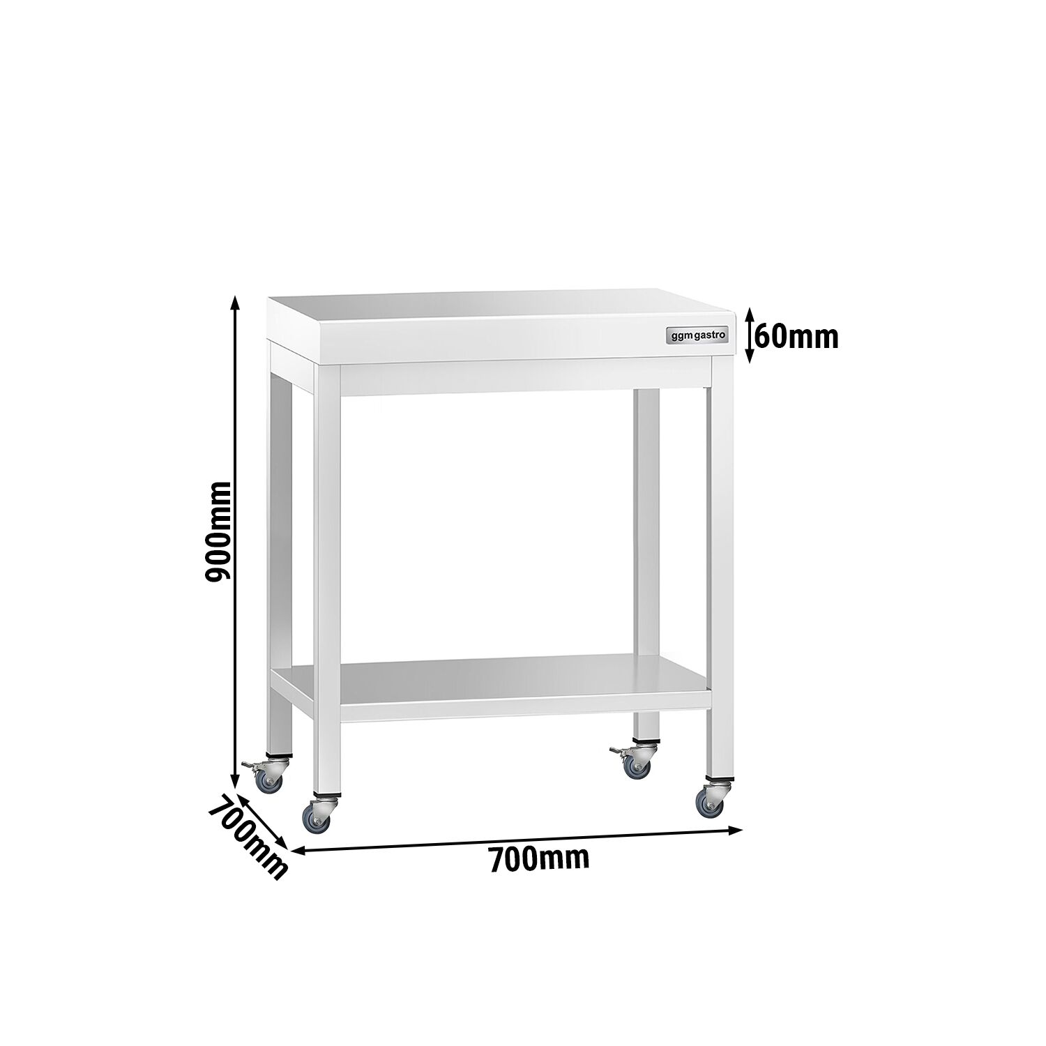 Table de travail en inox PREMIUM - 700 x 700 mm - avec tablette inférieure et roulettes