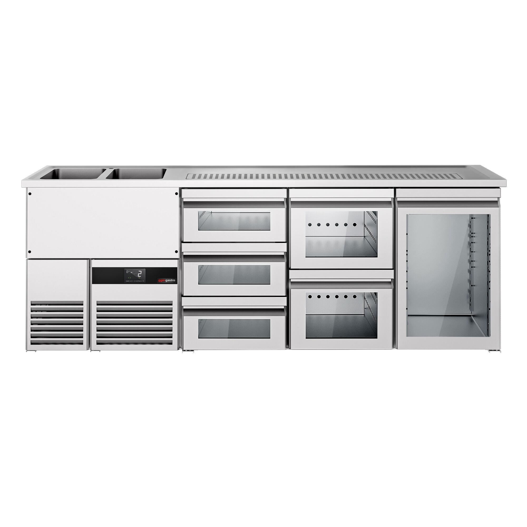 Comptoir de bar réfrigéré PREMIUM - 2500x700mm - 1 porte vitrée & 5 tiroirs en verre