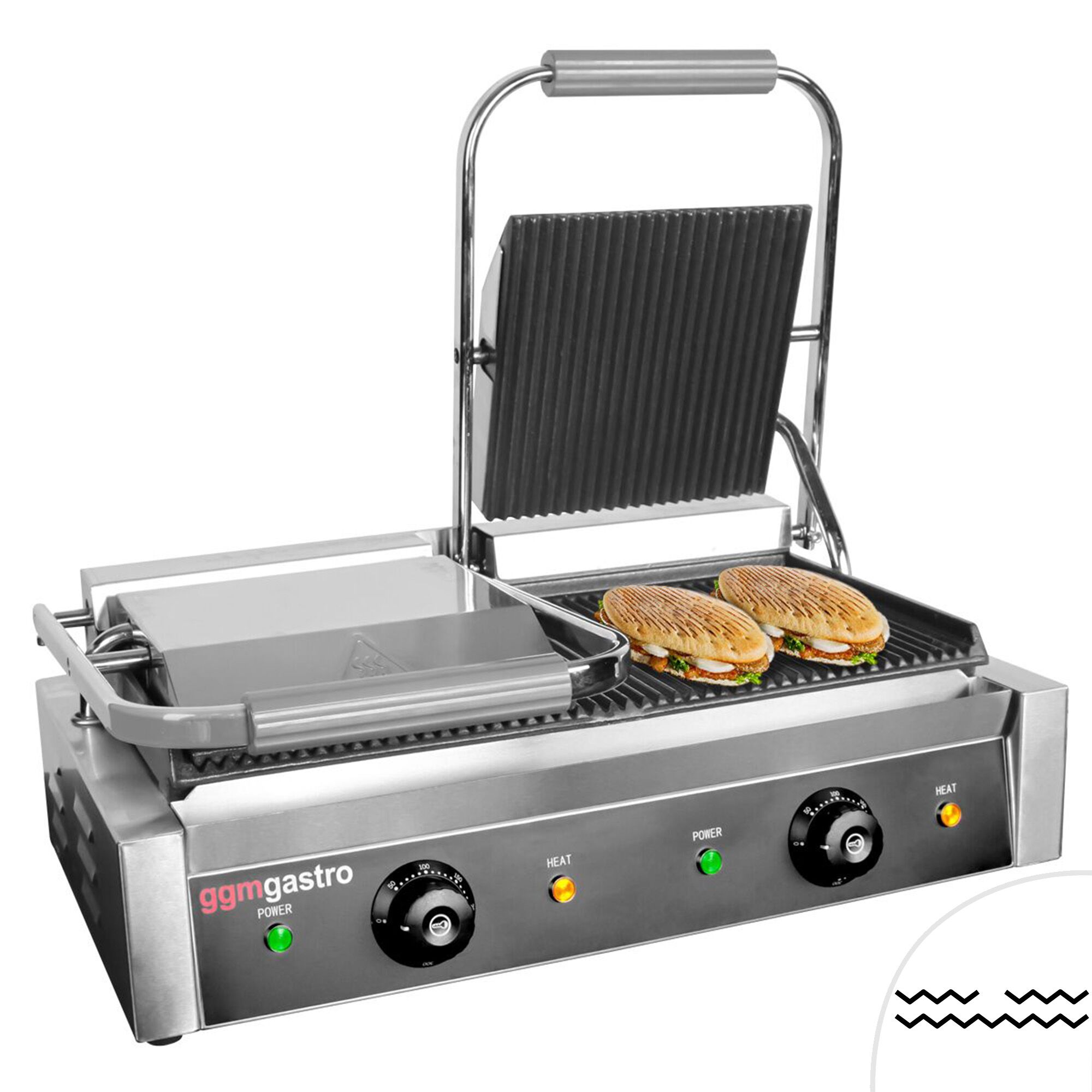 Presse à Panini / Gril de contact - 4,4kW -  Plaques rainurées - Surface de cuisson : 475x230mm