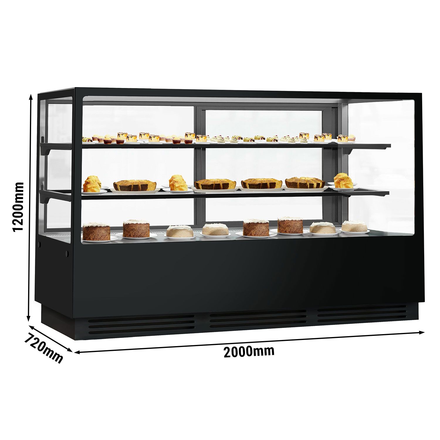 Vetrina pasticceria refrigerata - 782l - 2000mm - Doppio vetro - con 2 ripiani - LED interni; schienale a specchio; porte posteriori scorrevoli - Nero