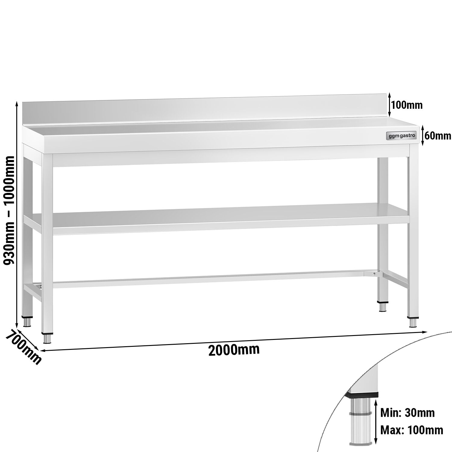 Table de travail inox PREMIUM - 2000 x 700 mm - avec tablette inférieure, Dosseret & Renforts