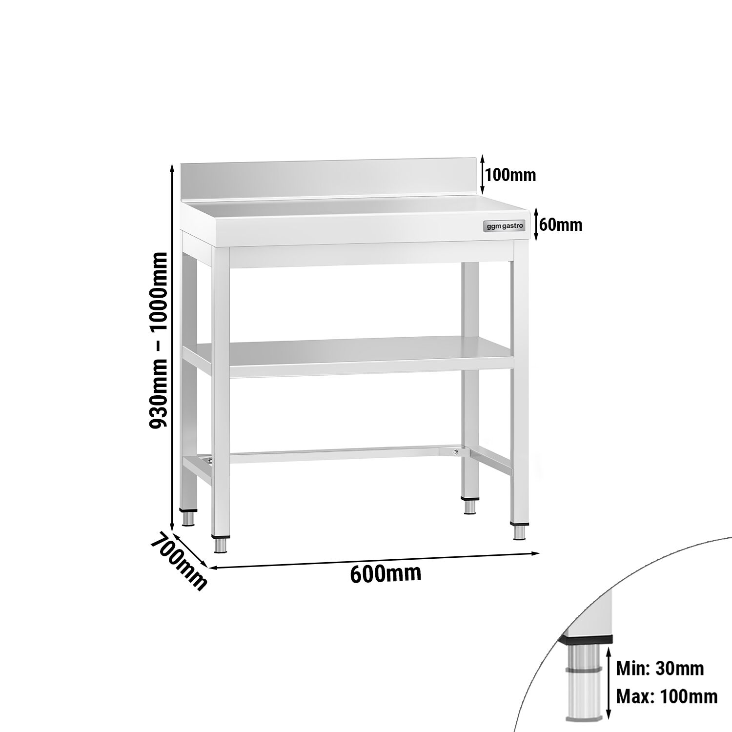 Table de travail inox PREMIUM - 600 x 700 mm - avec tablette inférieure, Dosseret & Renforts