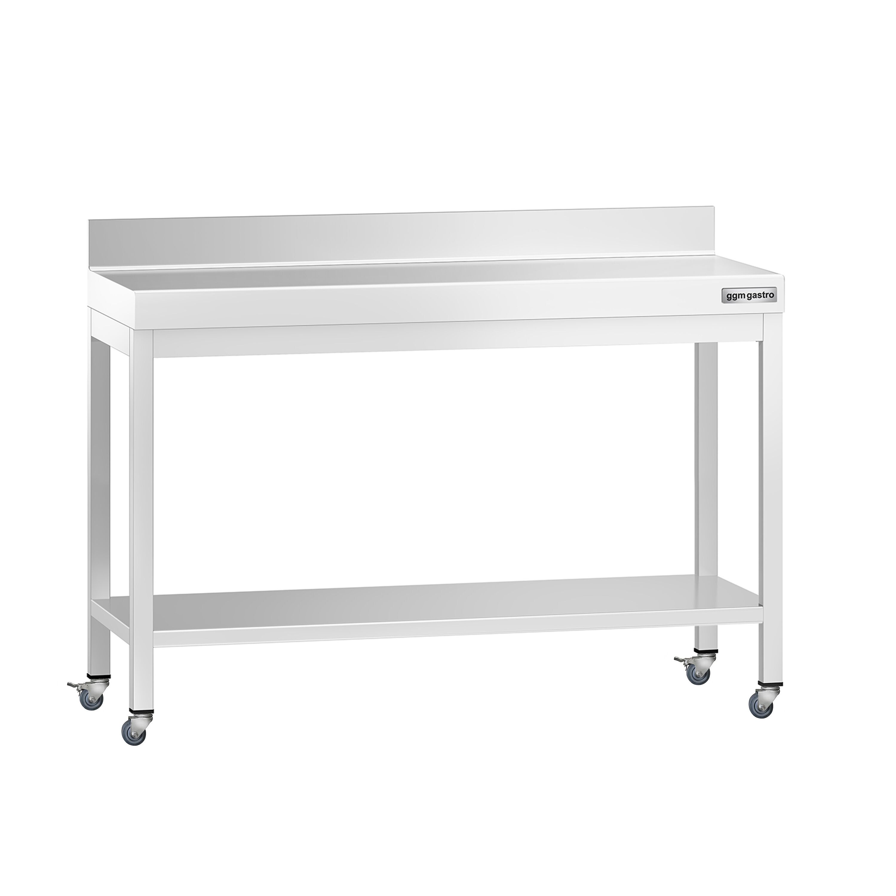 Table de travail en inox PREMIUM - 1200 x 600 mm - avec tablette inférieure, dosseret et roulettes