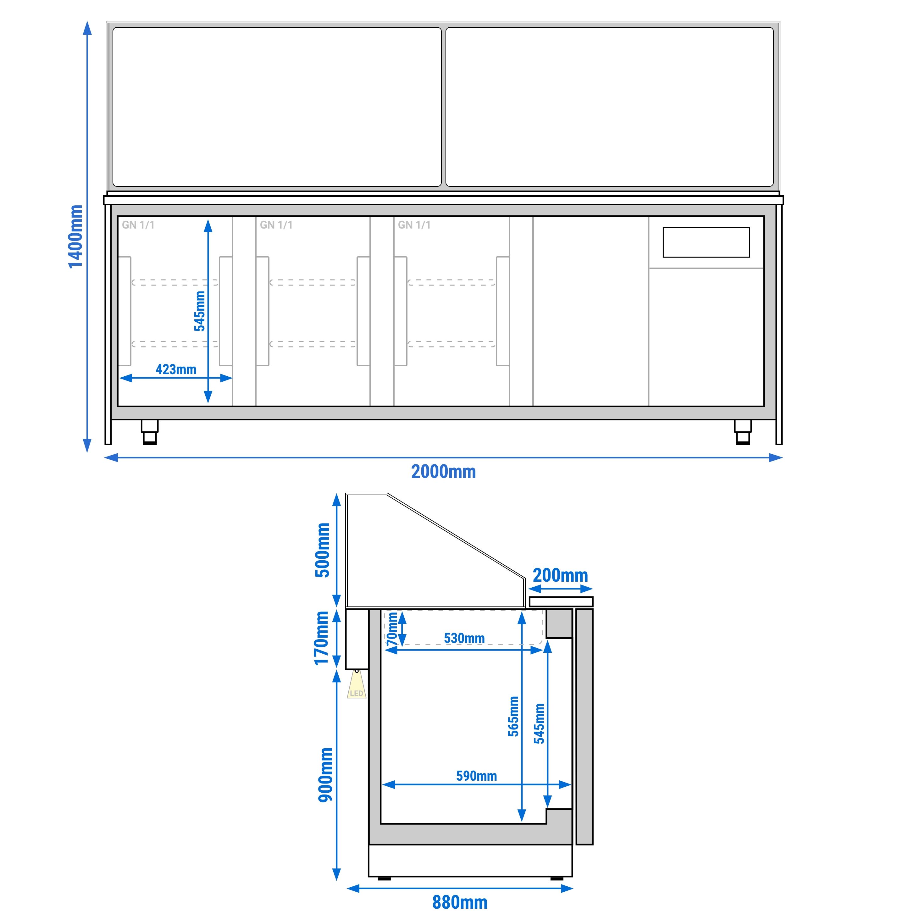 Saladette réfrigérée TORONTO - 2550 mm - Façade noire - 4 portes - Pour 6x GN 1/1 - Plateau de travail en granit noir