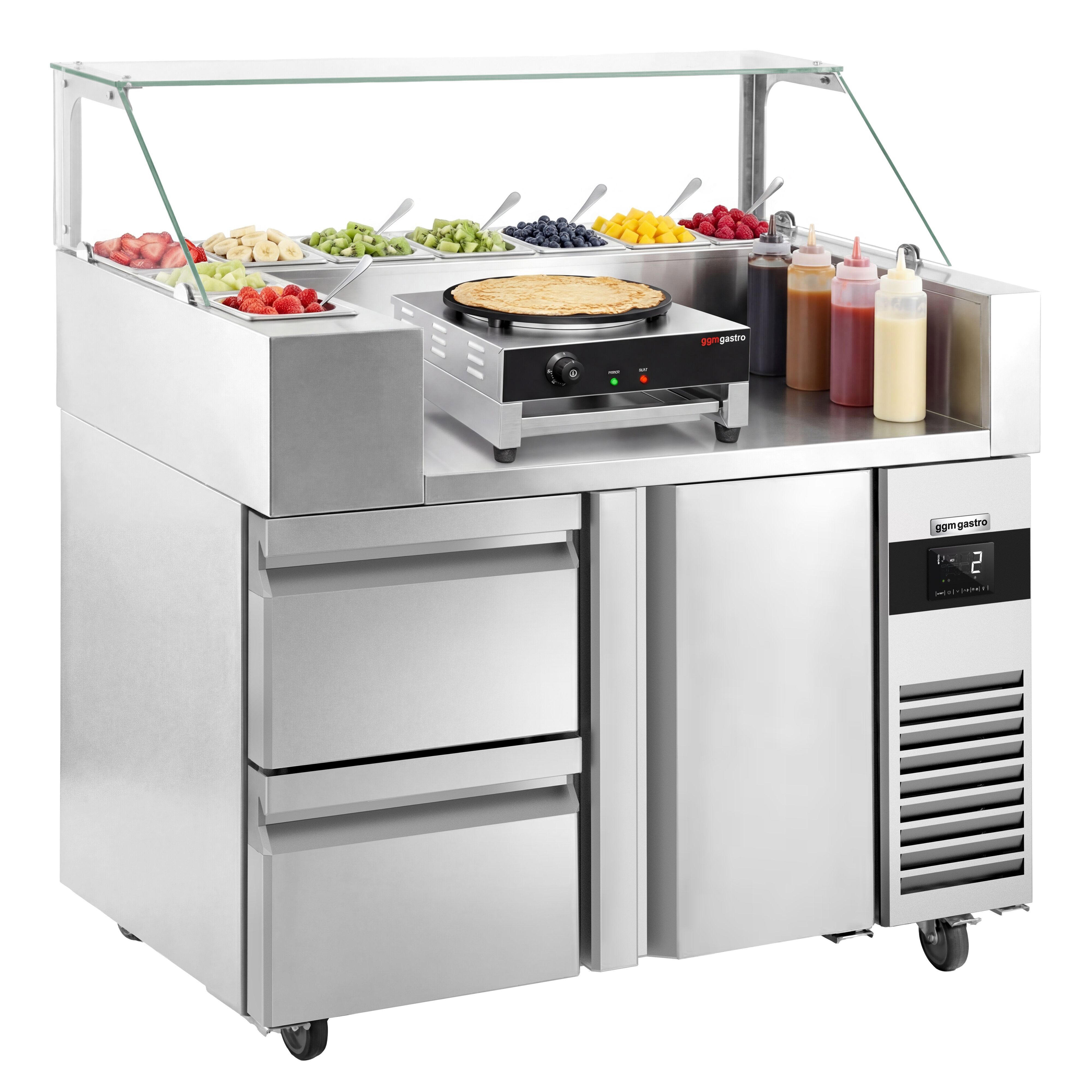 Table de préparation – 1210 mm – 1 porte & 2 tiroirs – pour 9 bacs GN 1/6 – incl. appareil à crêpes