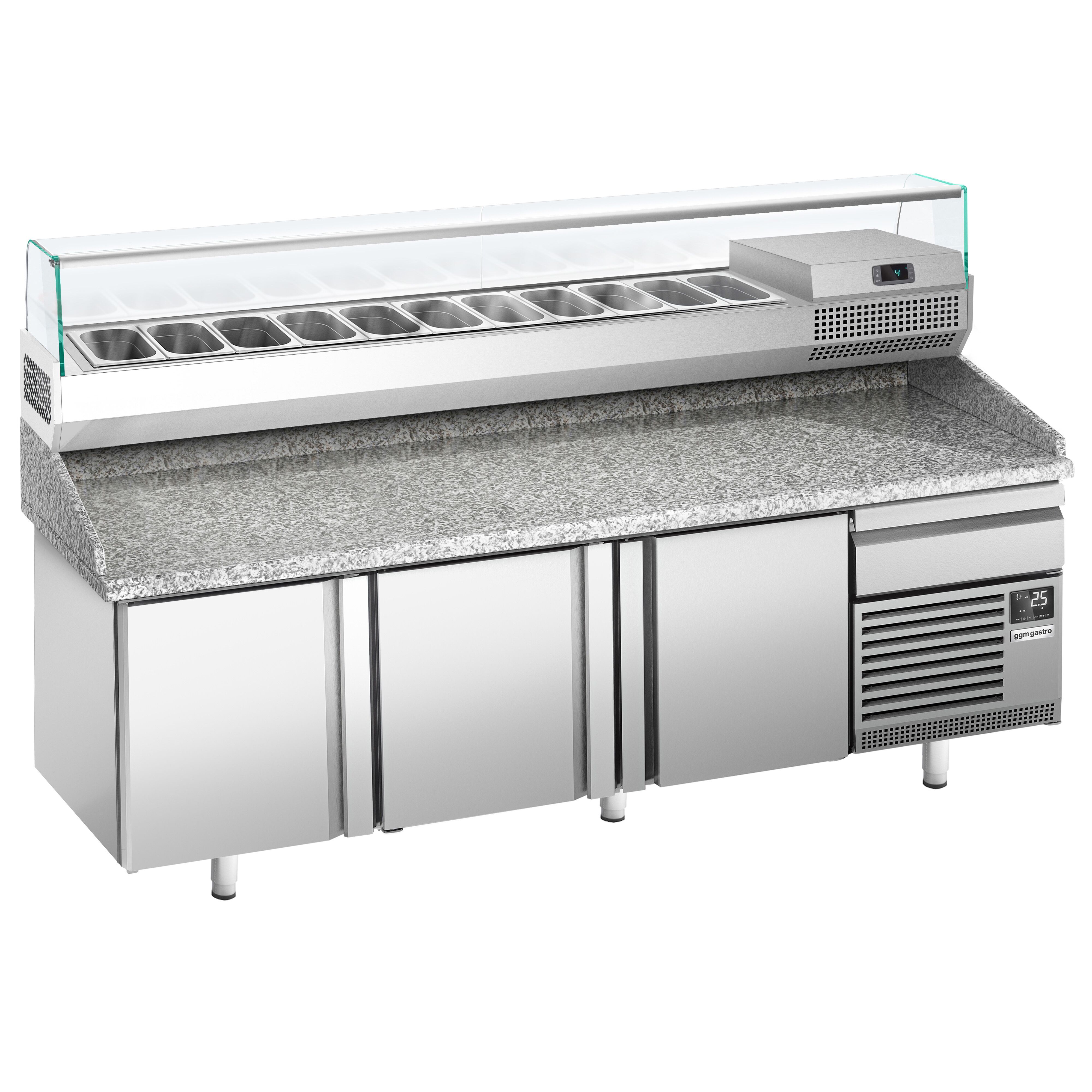 Table réfrigérée à pizza Premium PLUS - 2305x800 mm - avec 3 portes & 1 tiroir - incl. vitrine réfrigérée - 11x GN 1/4