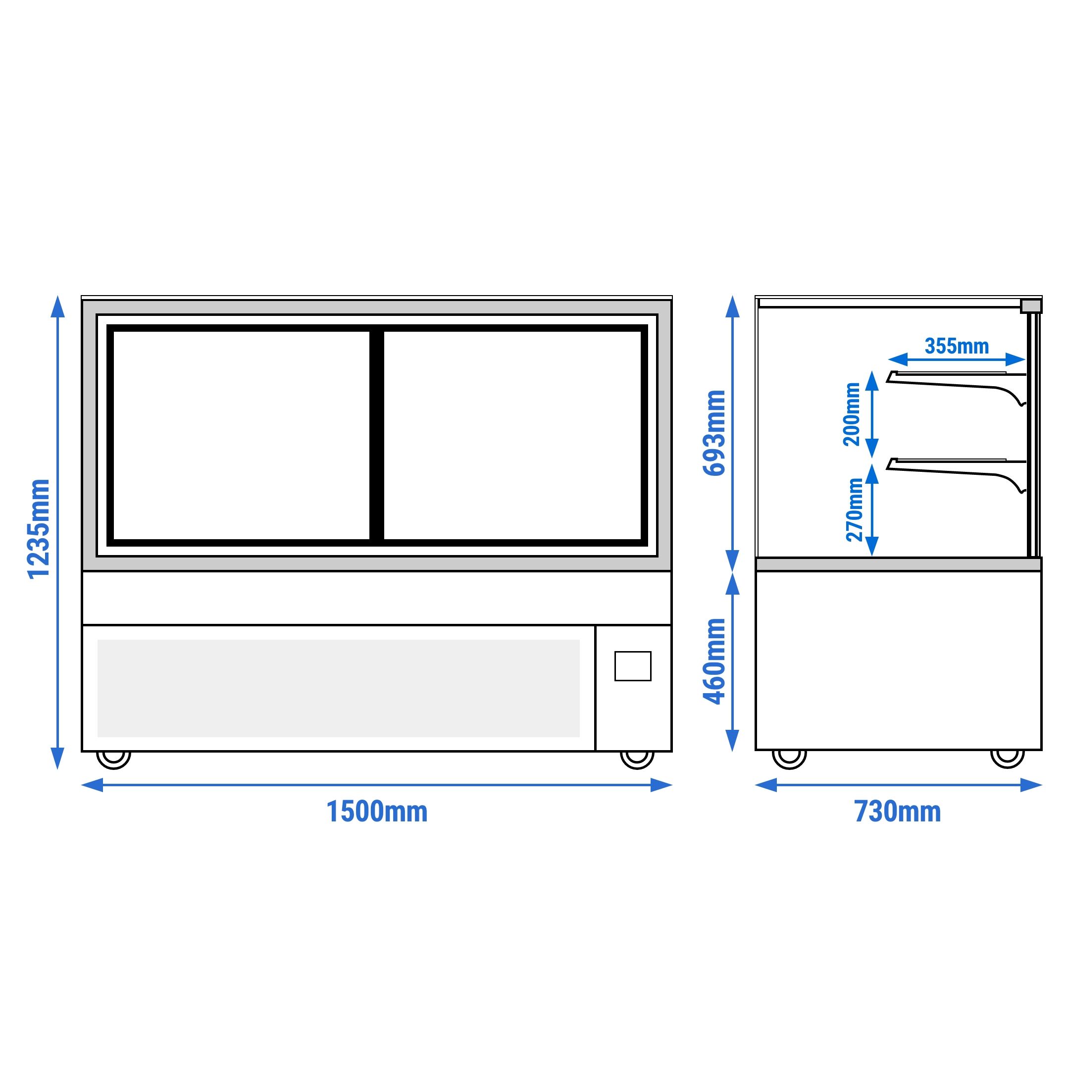Vitrine à pâtisserie réfrigérée MADRID - 620L - 1500mm - Double vitrage - avec 2 étagères en verre - portes coulissantes vitrées arrière - pour pâtisseries - Noir mat