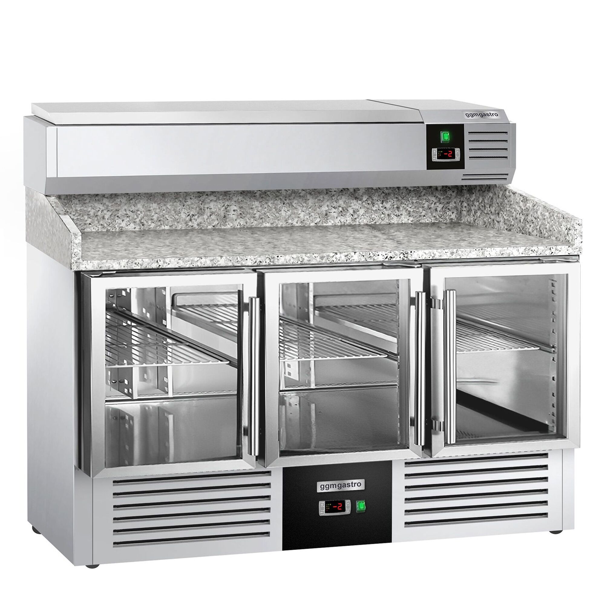 Commercial Pizza Prep Counter - Granite Top PREMIUM - 1400x700mm - with 3 glass doors - incl. refrigerated topping unit - 6x GN 1/4