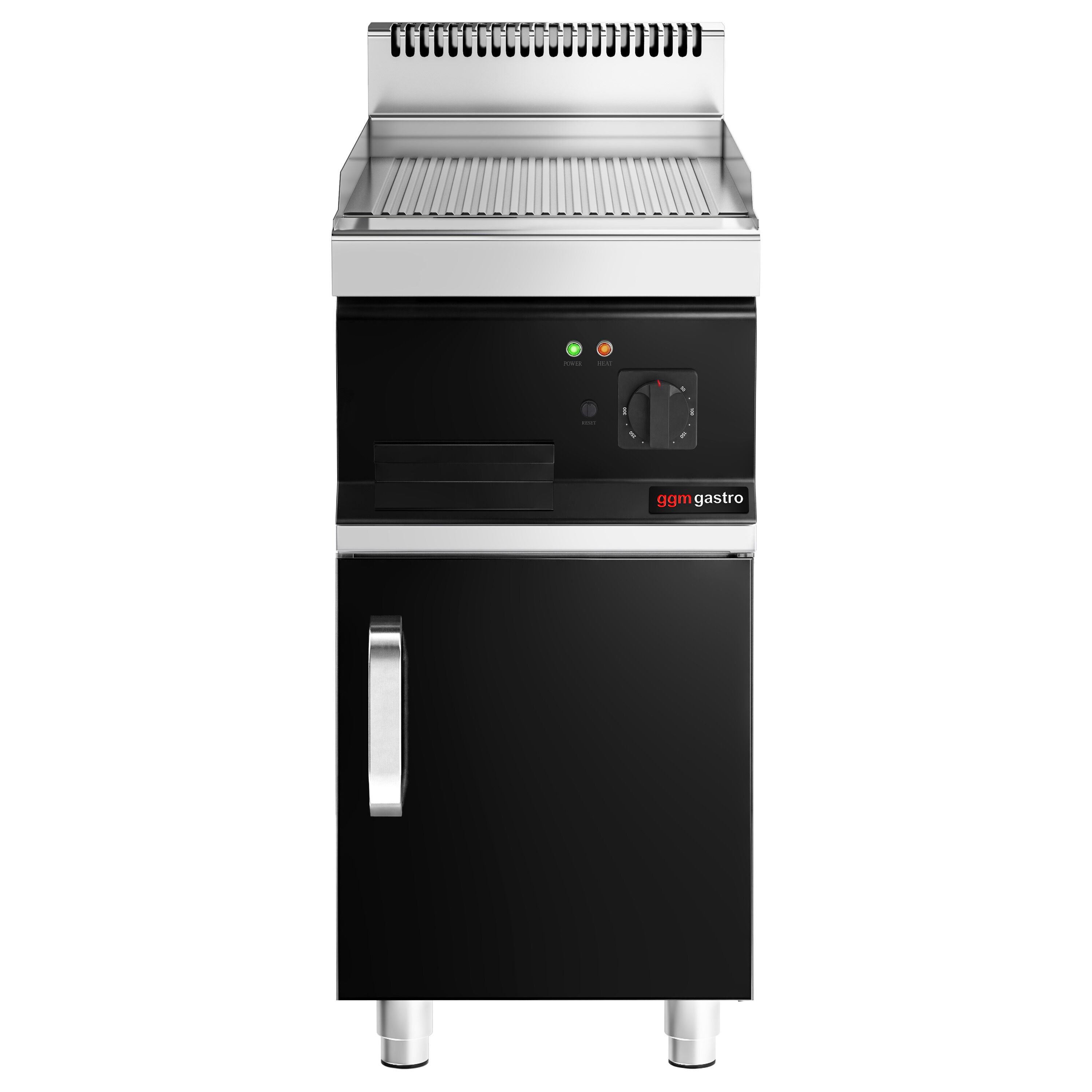 Plancha électrique - plaque acier - 8,0 kW - Rainurée - Surface de cuisson : 395x535mm - incl. soubassement avec 1 porte
