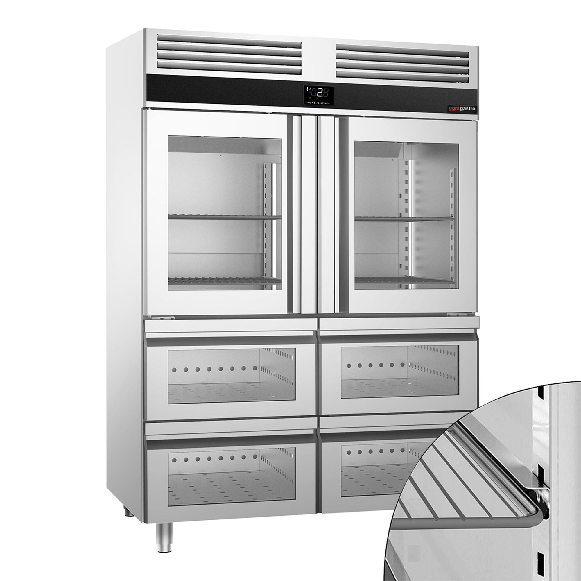 Armoire réfrigérée positive en acier inoxydable PREMIUM - GN 2/1 - 1400 L - avec 2 portes vitrées & 6 glissières & 6 grilles GN 2/1