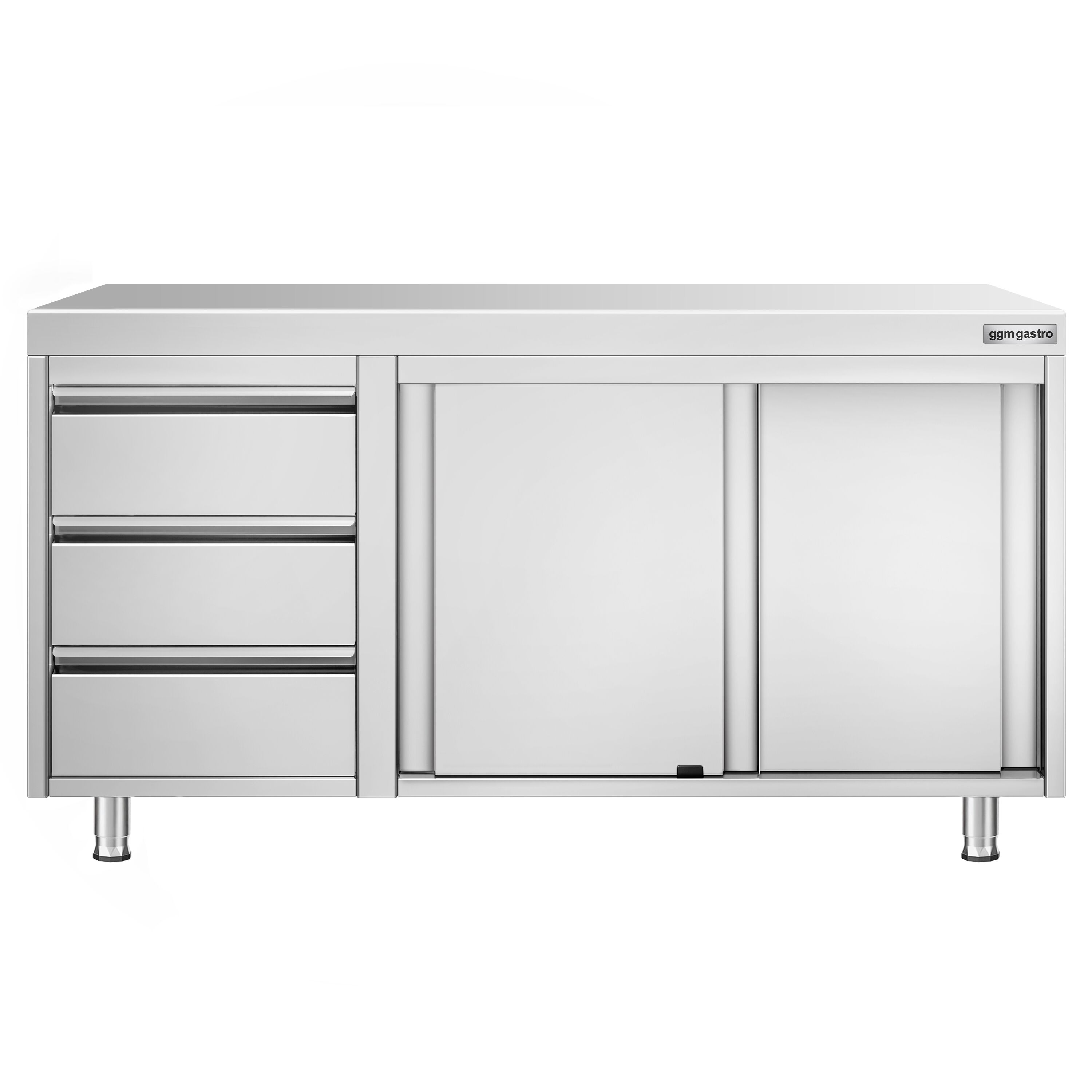 Table armoire en acier inoxydable PREMIUM - 1400x600mm - avec portes coulissantes et étagère basse et 3 tiroirs à gauche