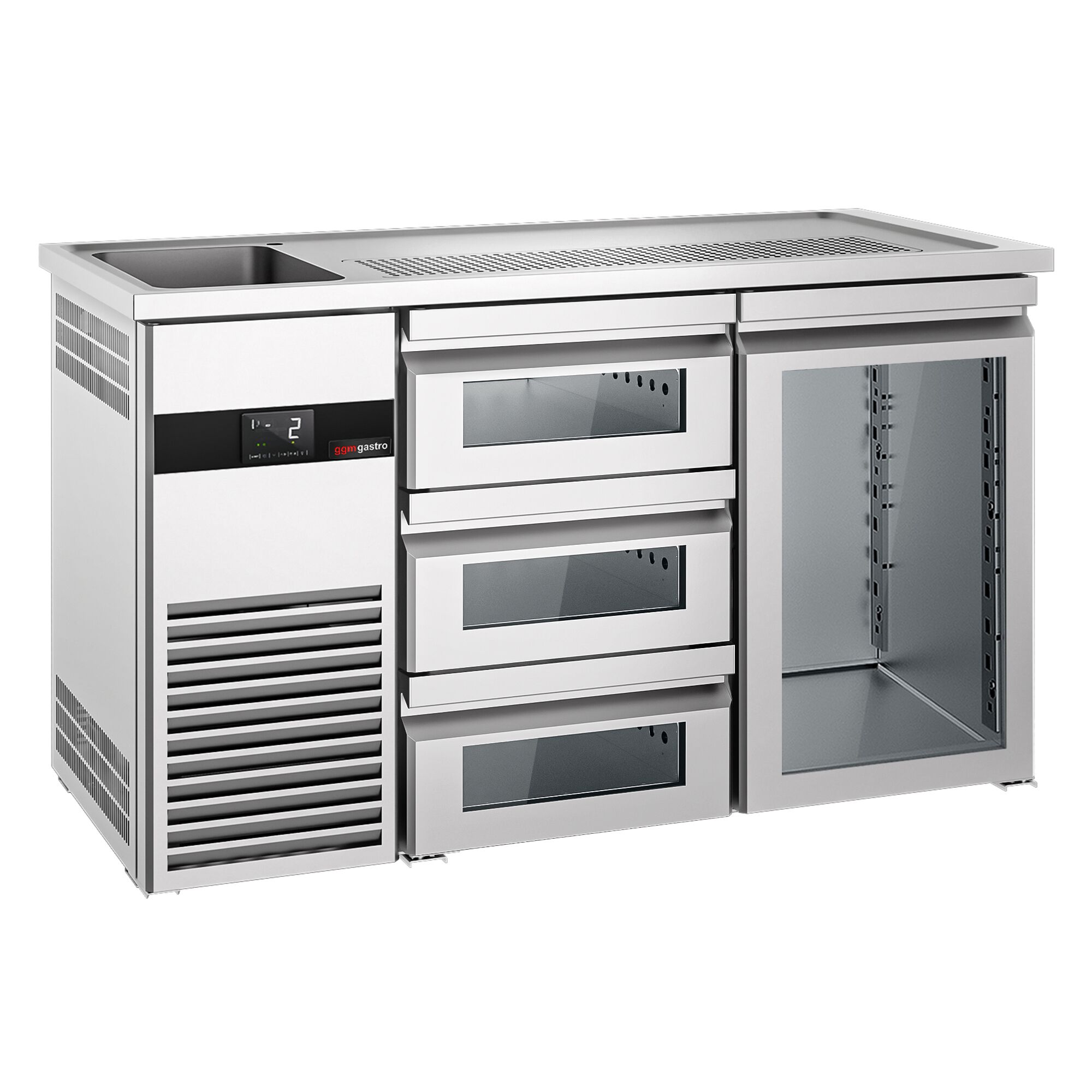 Comptoir de bar réfrigéré PREMIUM - 1550x700mm - 1 porte vitrée & 3 tiroirs en verre