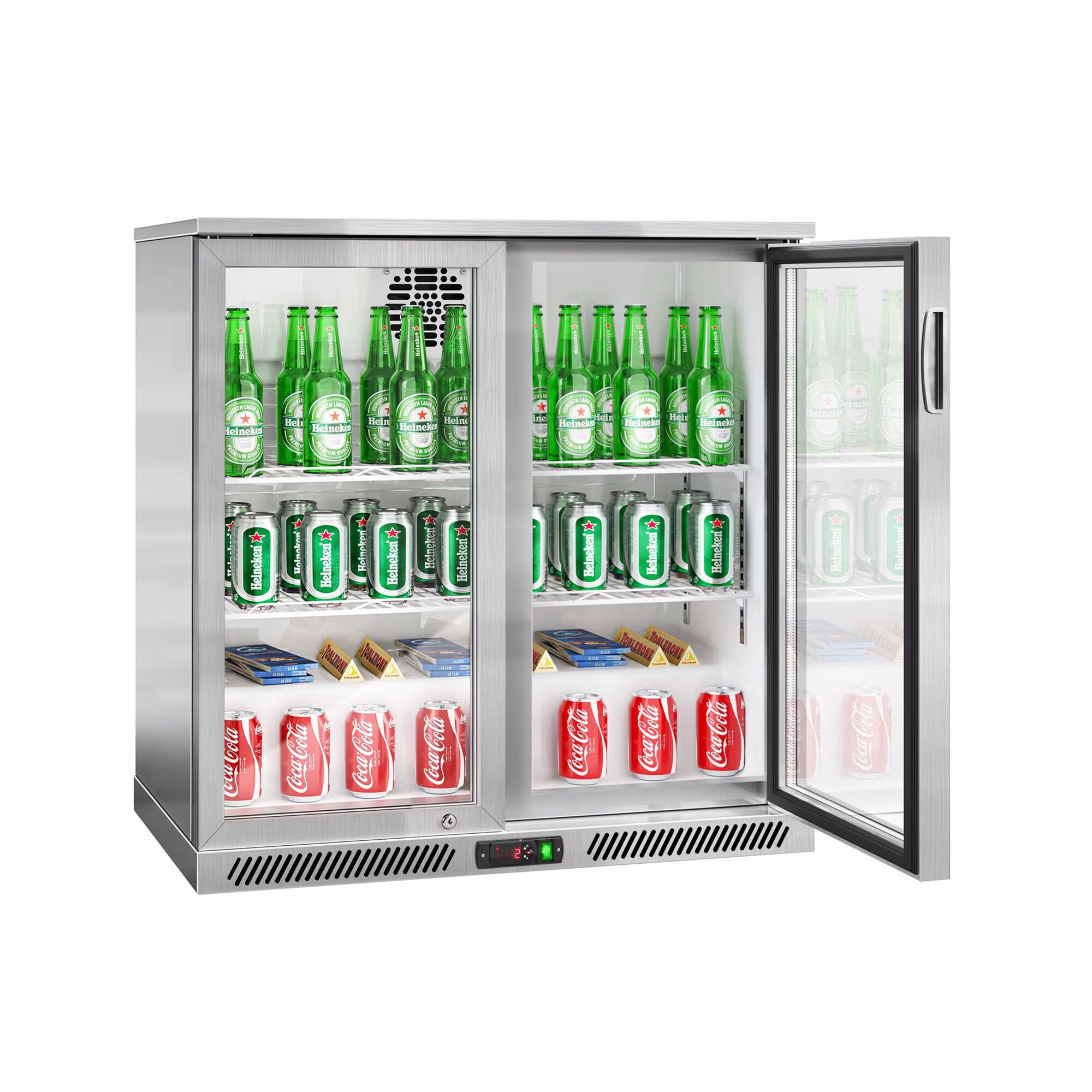 Réfrigérateur de bar – 900 mm – 220 litres – avec 2 portes vitrées battantes – en inox