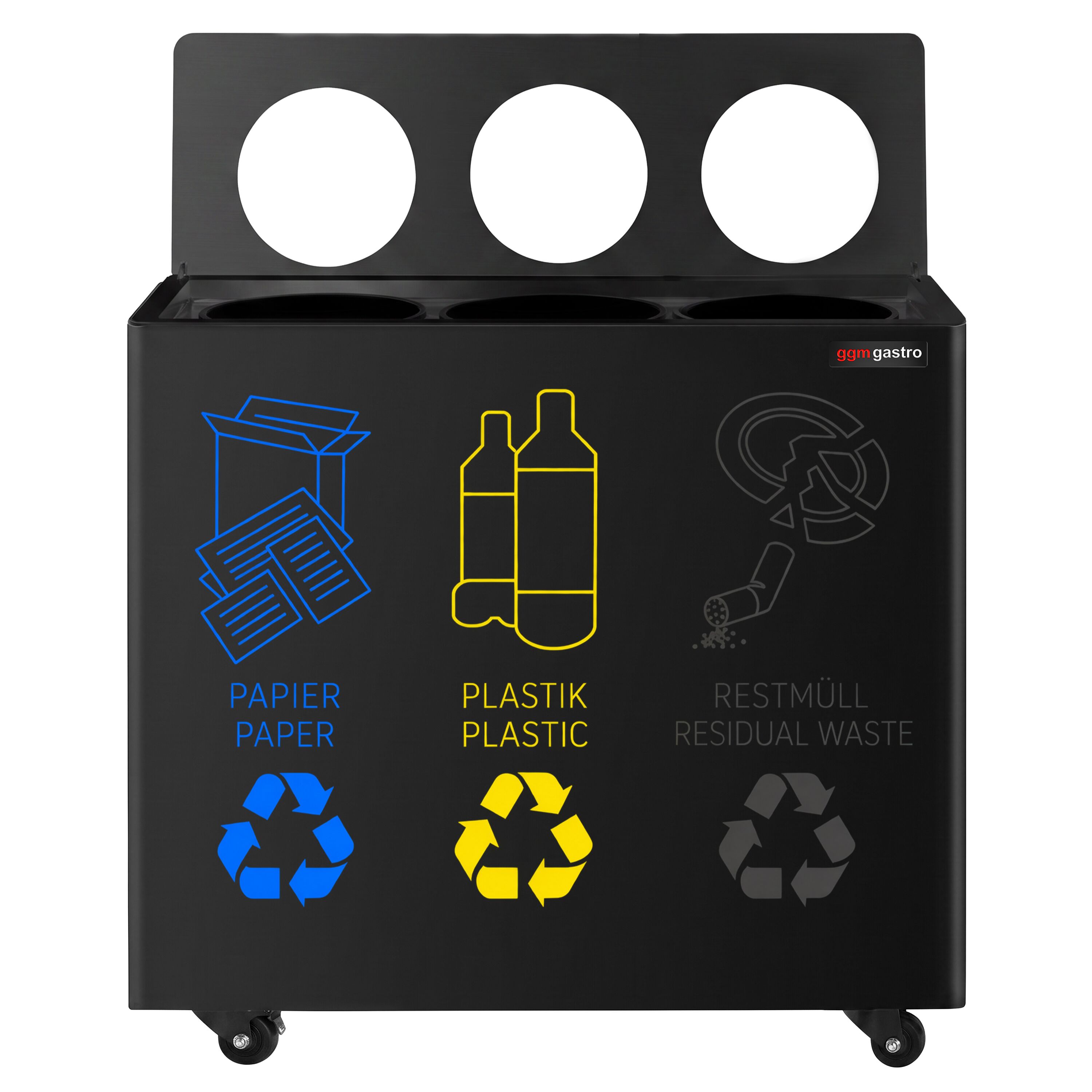 Waste sorting system – 3 bins, 30 litres each – Black – with 4 castors