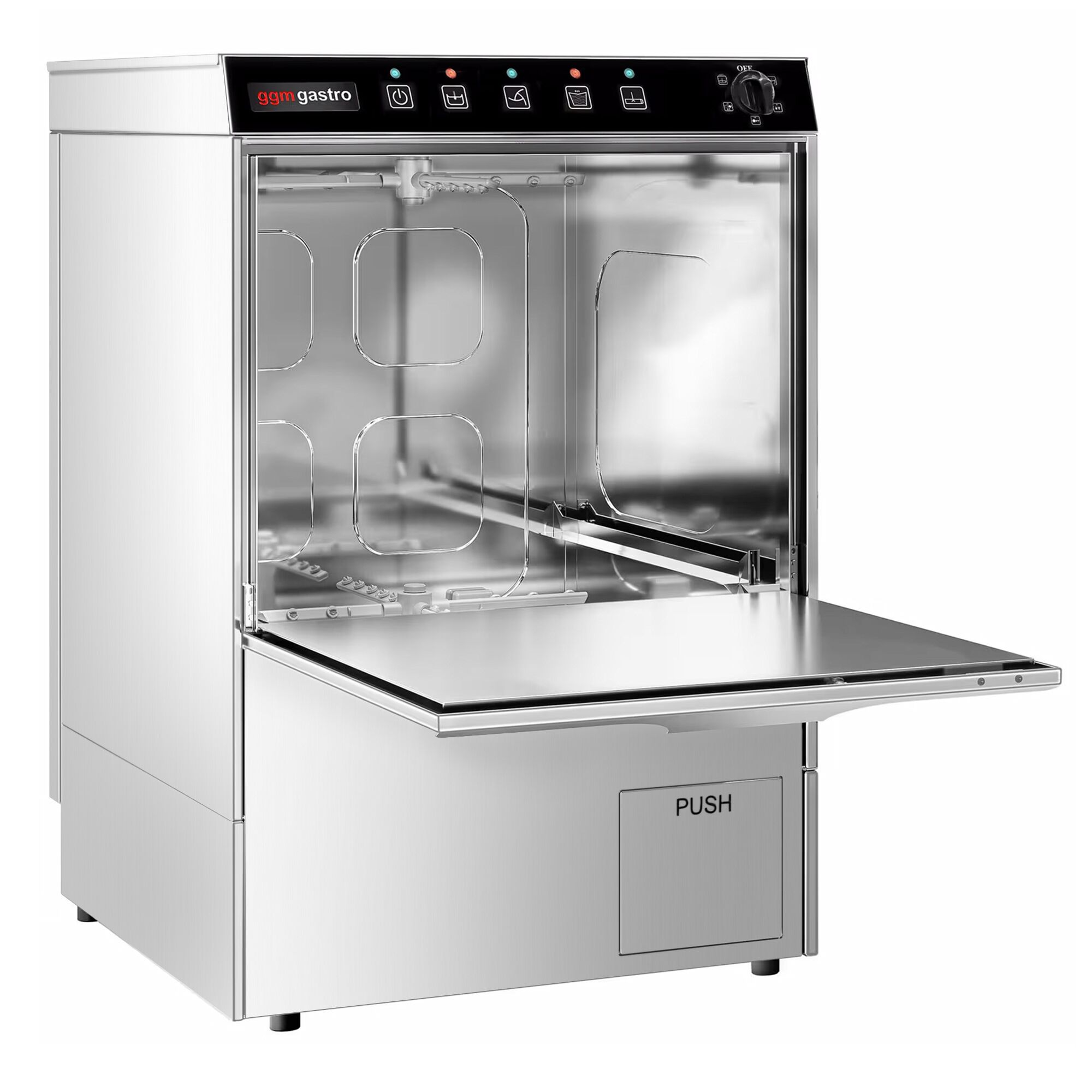 Lave-vaisselle professionnel - Panier 50x50cm - Commandes mécaniques - 3,55kW - avec pompe de vidange + pompes doseuses détergent et liquide de rinçage